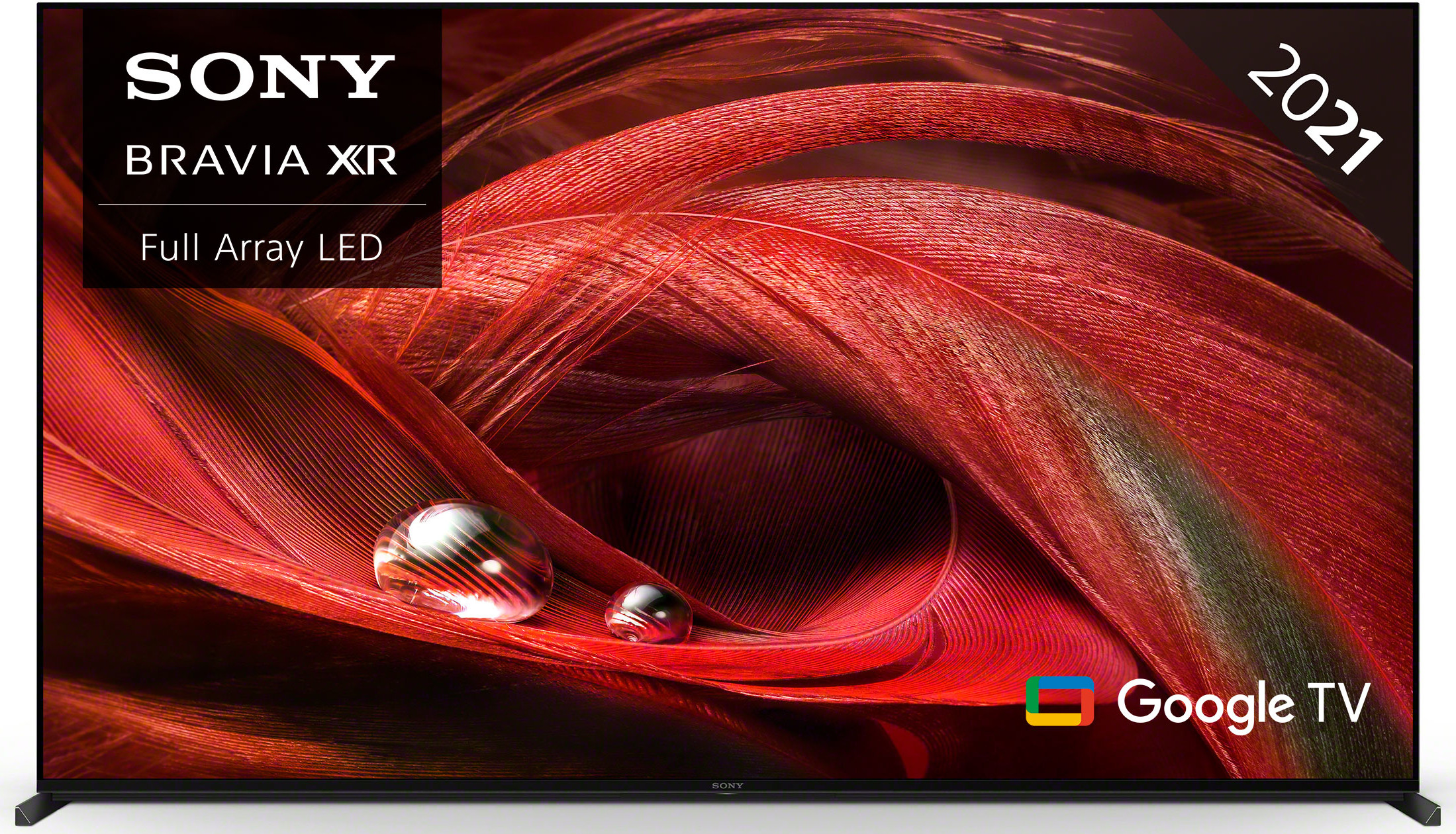 Großer Sony Bravia TV mit rotem, strukturiertem Hintergrund. Der Bildschirm zeigt ein Bild.