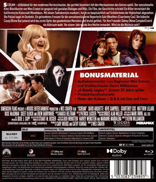 Filmplakat: Scream. Frau am Telefon, Ghostface-Maske, Horrorszenen, schwarzer Hintergrund.
