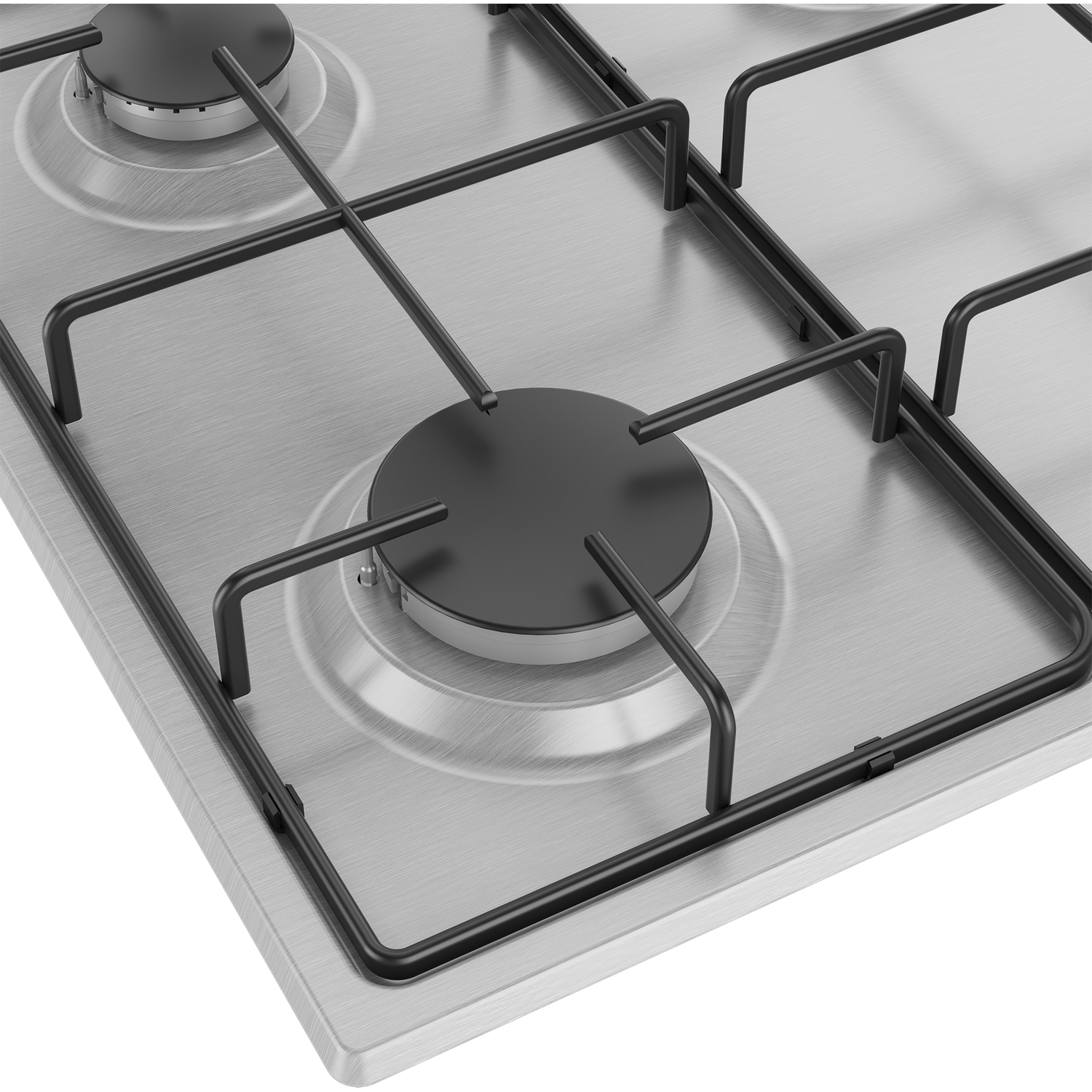 Primer plano de una superficie de cocina de gas de acero inoxidable con soportes de quemador negros y quemadores negros.