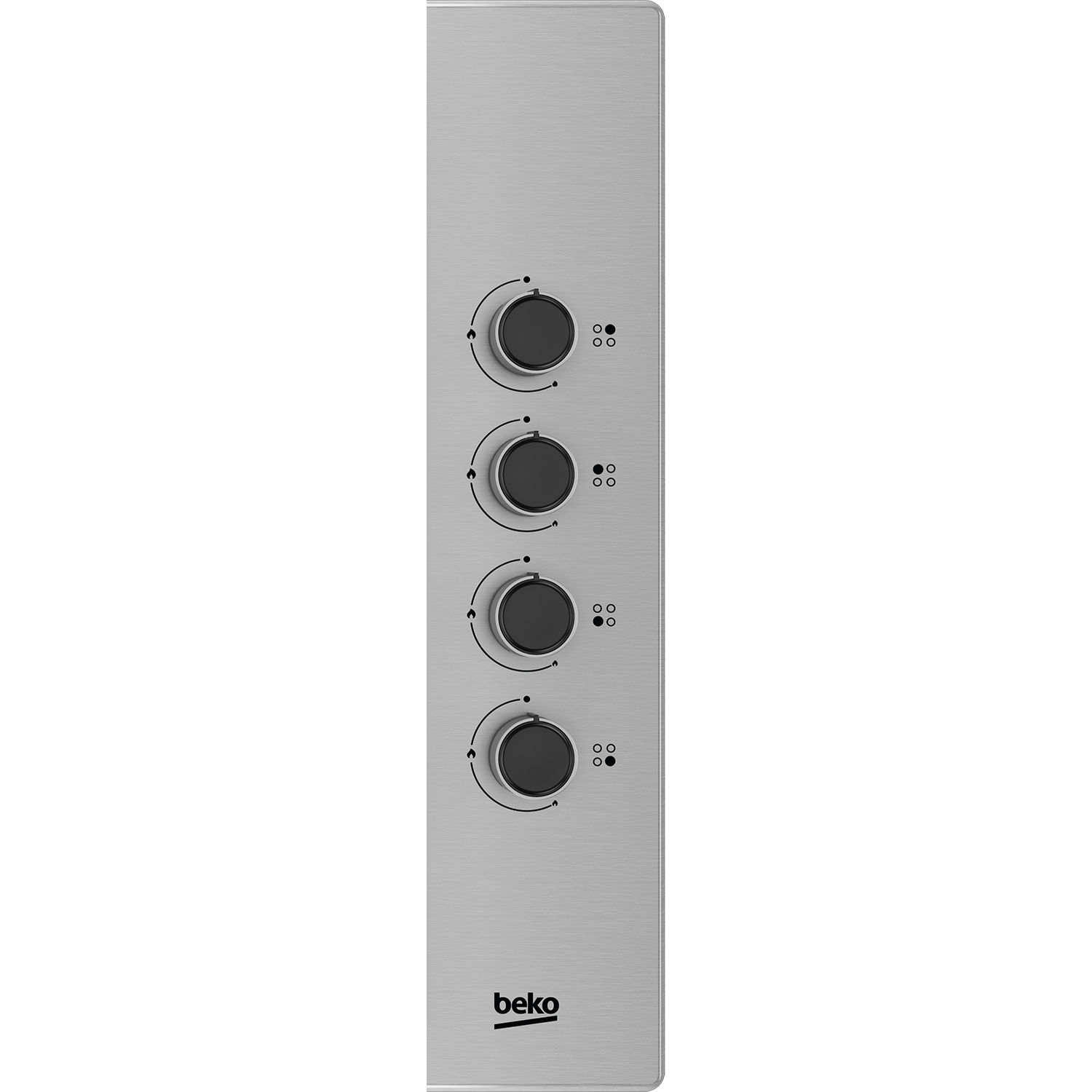 Panel de control plateado con cuatro perillas negras, etiquetado 'beko' abajo.