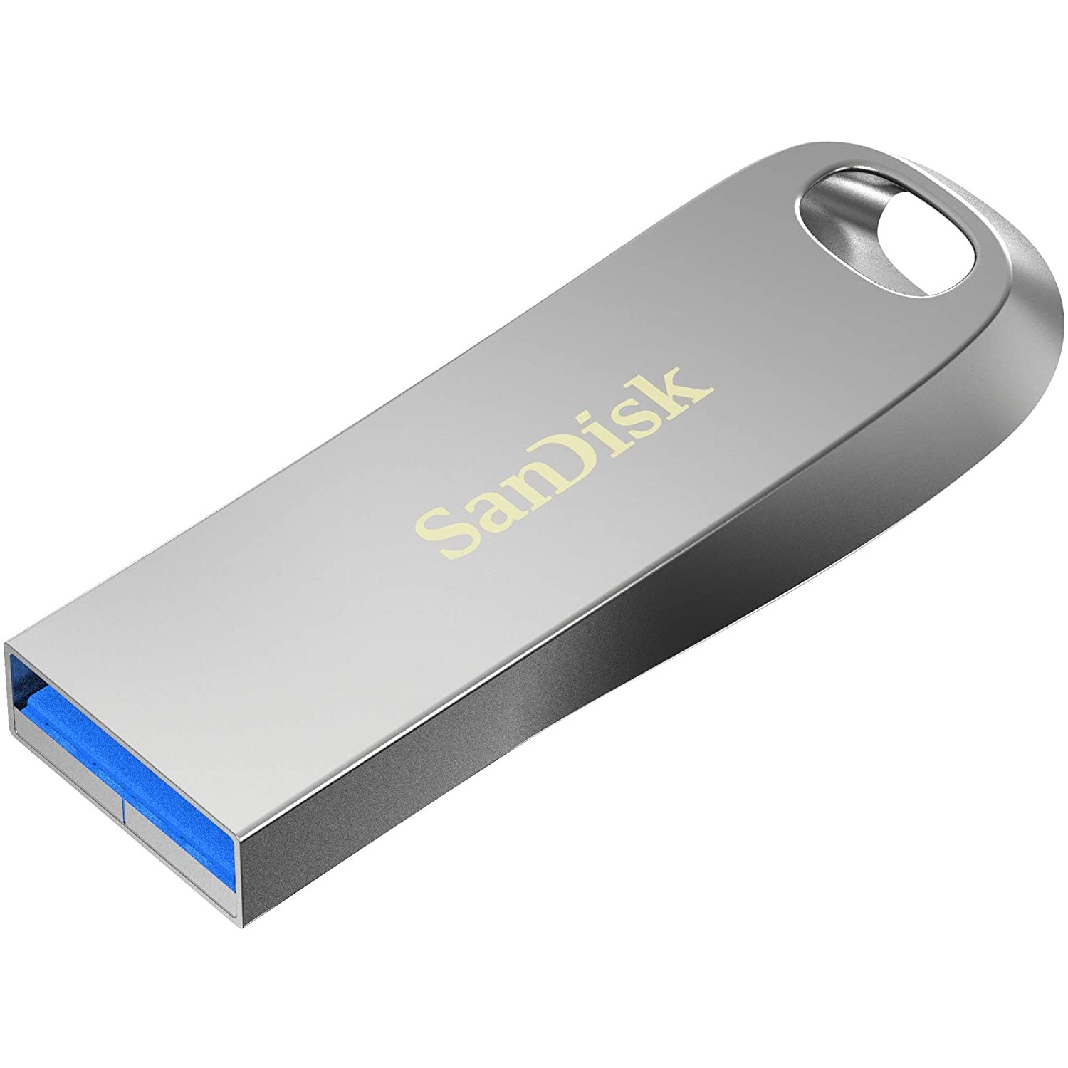 Una unidad flash USB SanDisk plateada con un conector USB azul.