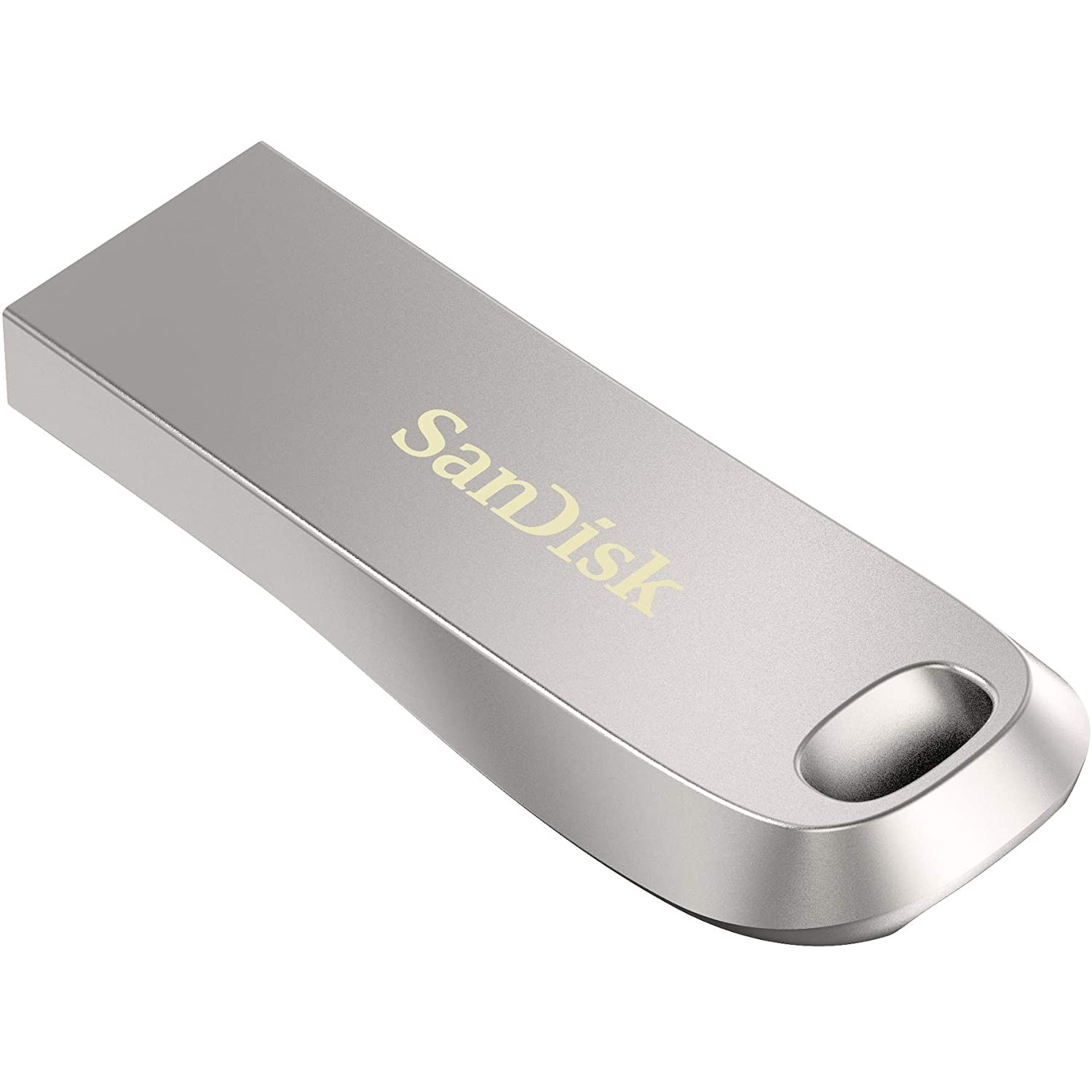 Memoria USB plateada con el logo de SanDisk. Un lazo plateado en la parte inferior.