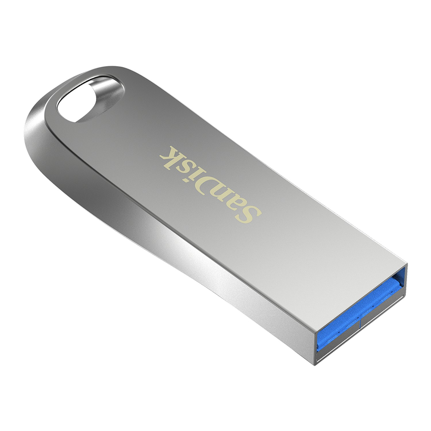 Una unidad flash USB plateada con el logotipo de SanDisk sobre un fondo blanco.