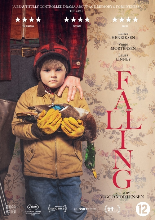 Affiche du film "Falling". Un garçon, un homme, un canard et le titre du film sont affichés.