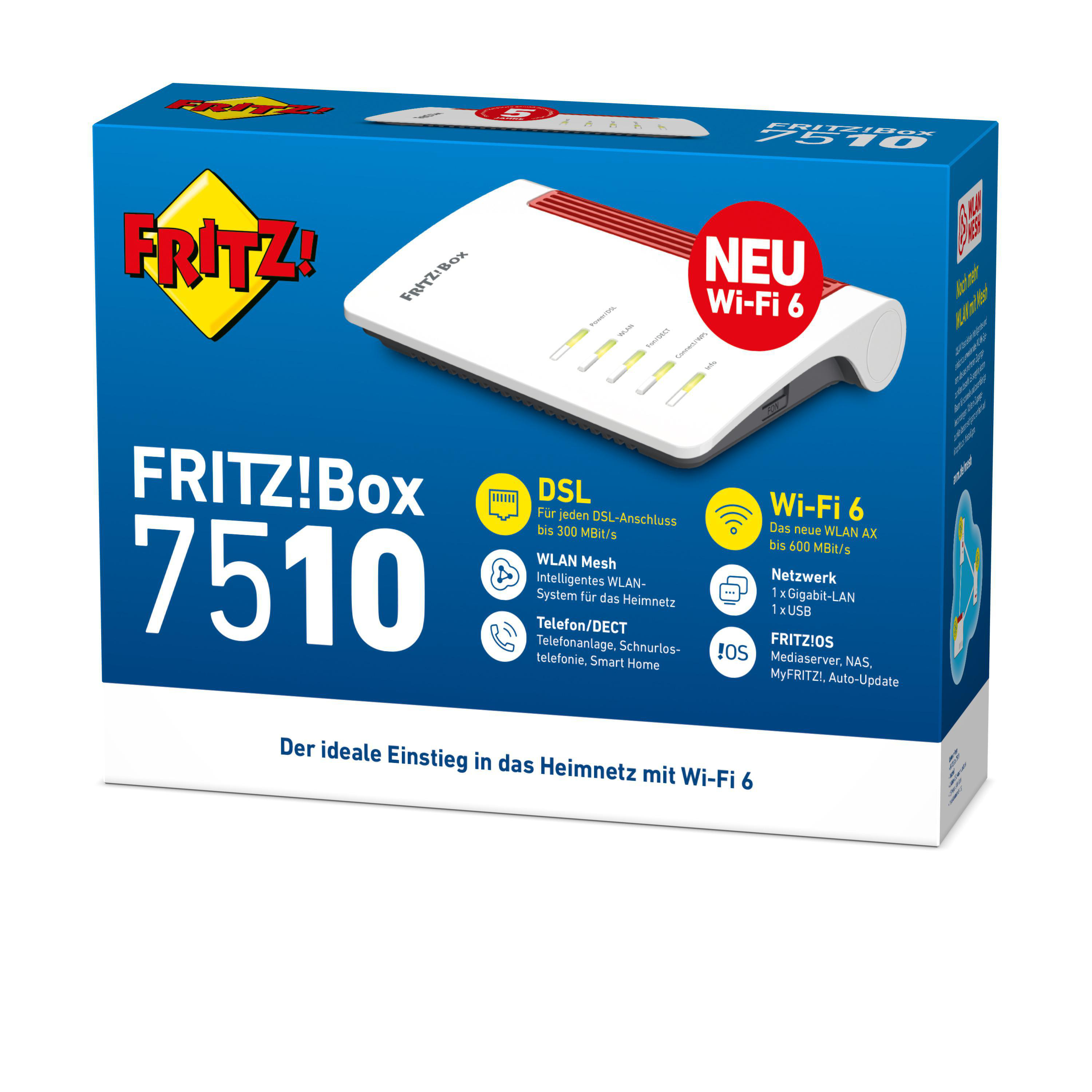 FRITZ!Box 7510 Box mit Text und Logos. Weißer Router innen.