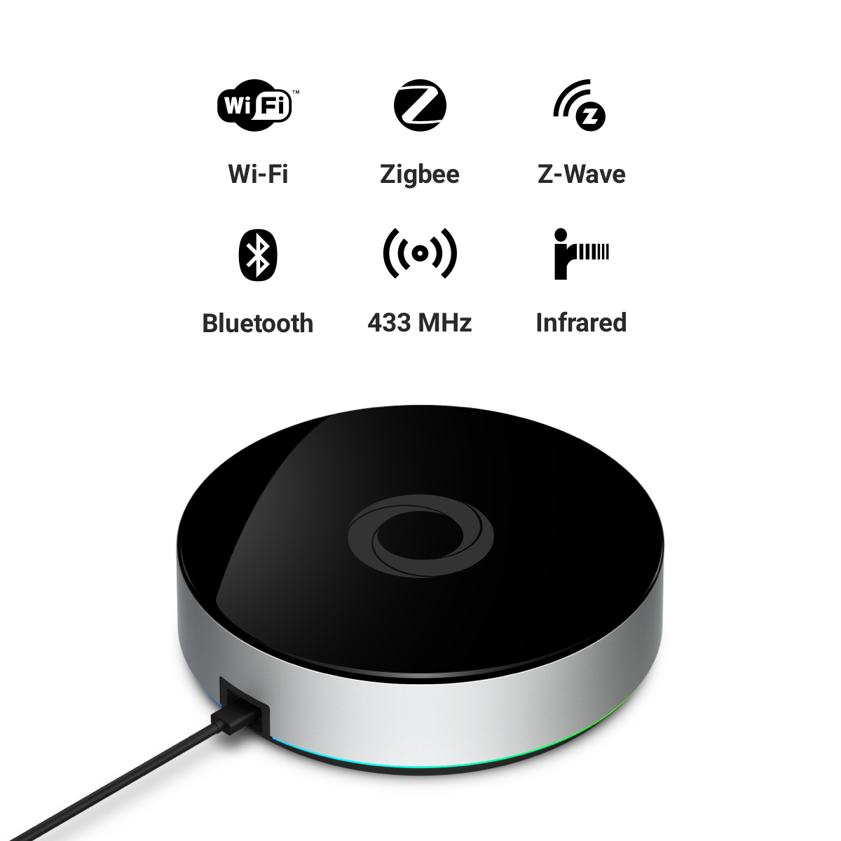 Runder schwarzer Hub mit silbernem Rand, unterstützt Wi-Fi, Zigbee, Z-Wave, Bluetooth, 433 MHz, Infrarot.