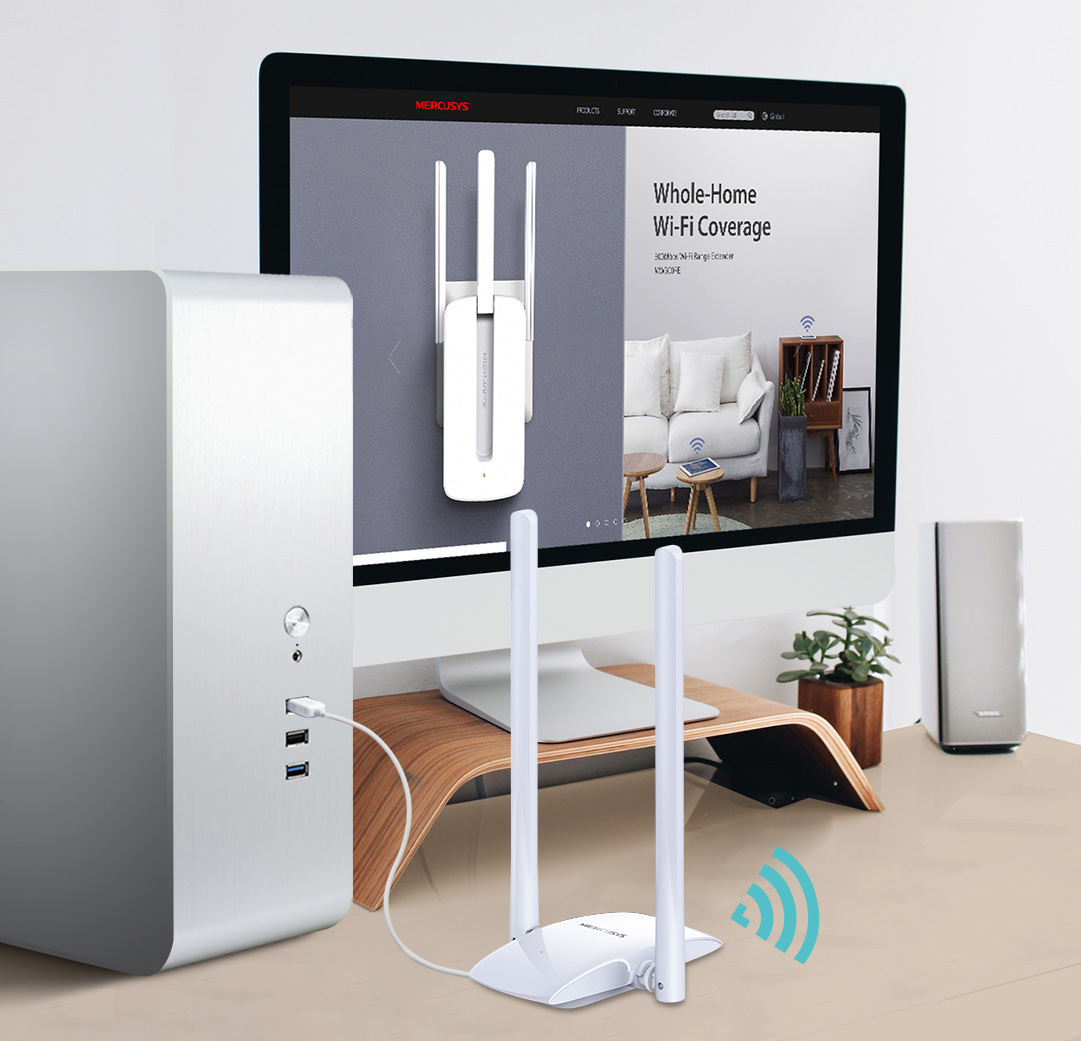 Számítógép beállítás wifi routerrel és számítógéppel. Szöveg: Egész otthonra kiterjedő Wi-Fi lefedettség.
