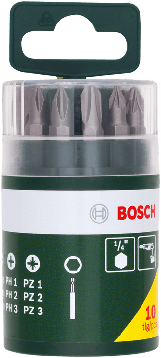 Csavarhúzó bitek készlete zöld és átlátszó műanyag tartályban. Bosch logó látható. 10 darab.