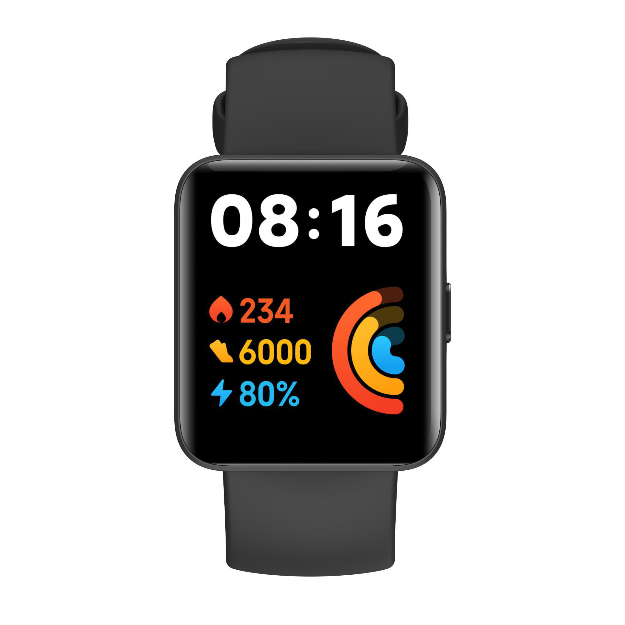 Schwarzer Smartwatch-Bildschirm mit Zeit, Schritten, Herzfrequenz und Akkustand. Schwarzes Band.