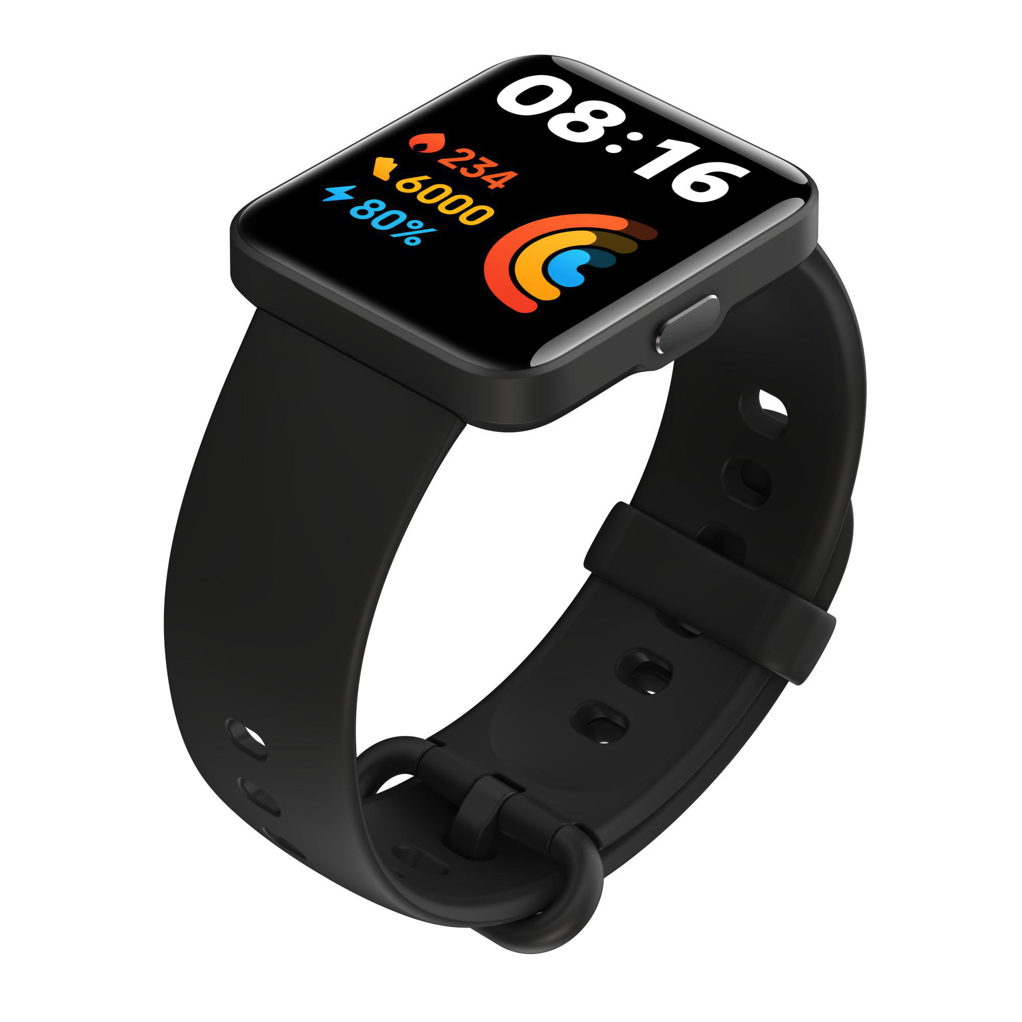 Schwarze Smartwatch mit quadratischem Bildschirm. Zeigt Zeit, Schritte, Akkulaufzeit.