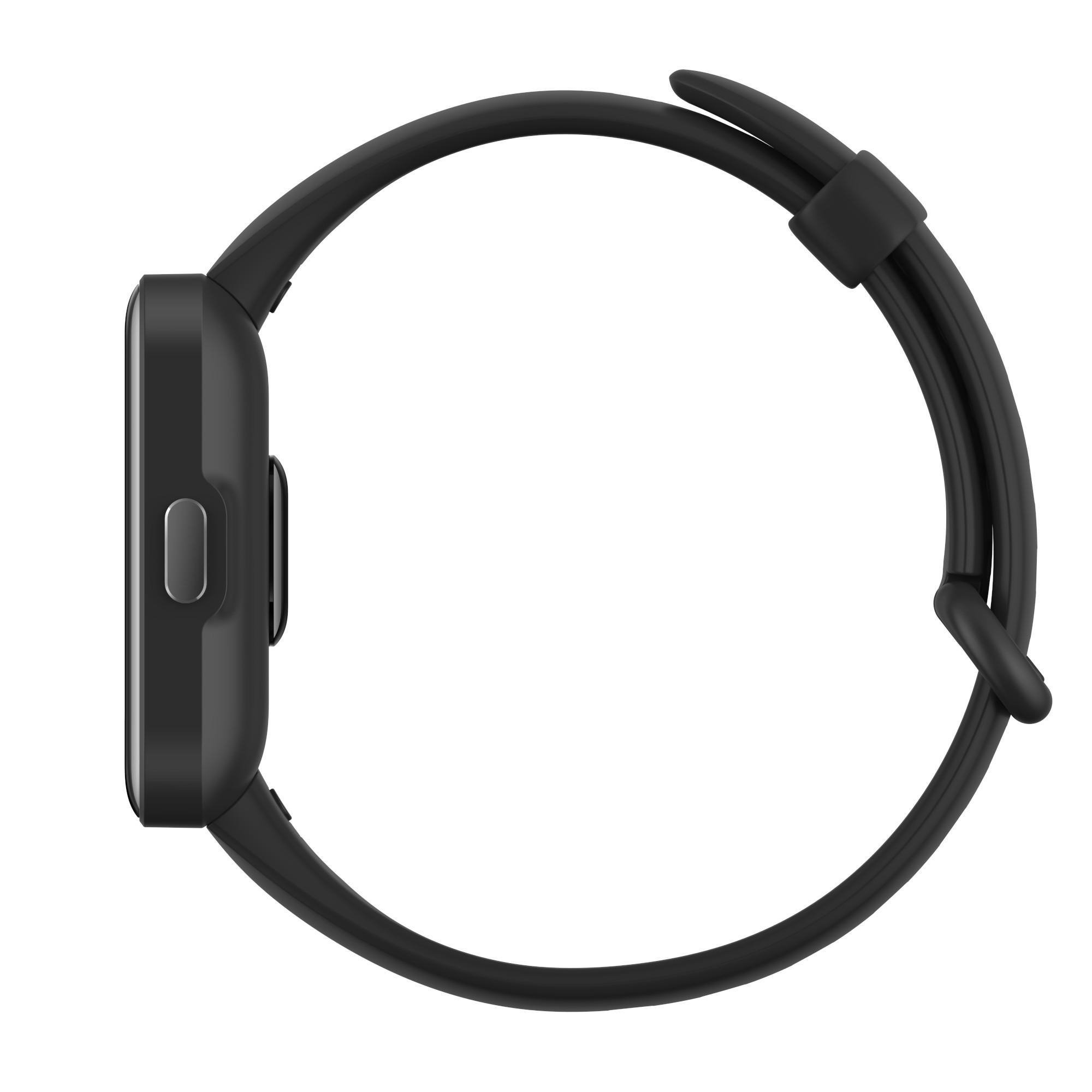 Seitenansicht einer schwarzen Smartwatch mit gebogenem Bildschirm und schwarzem Armband.