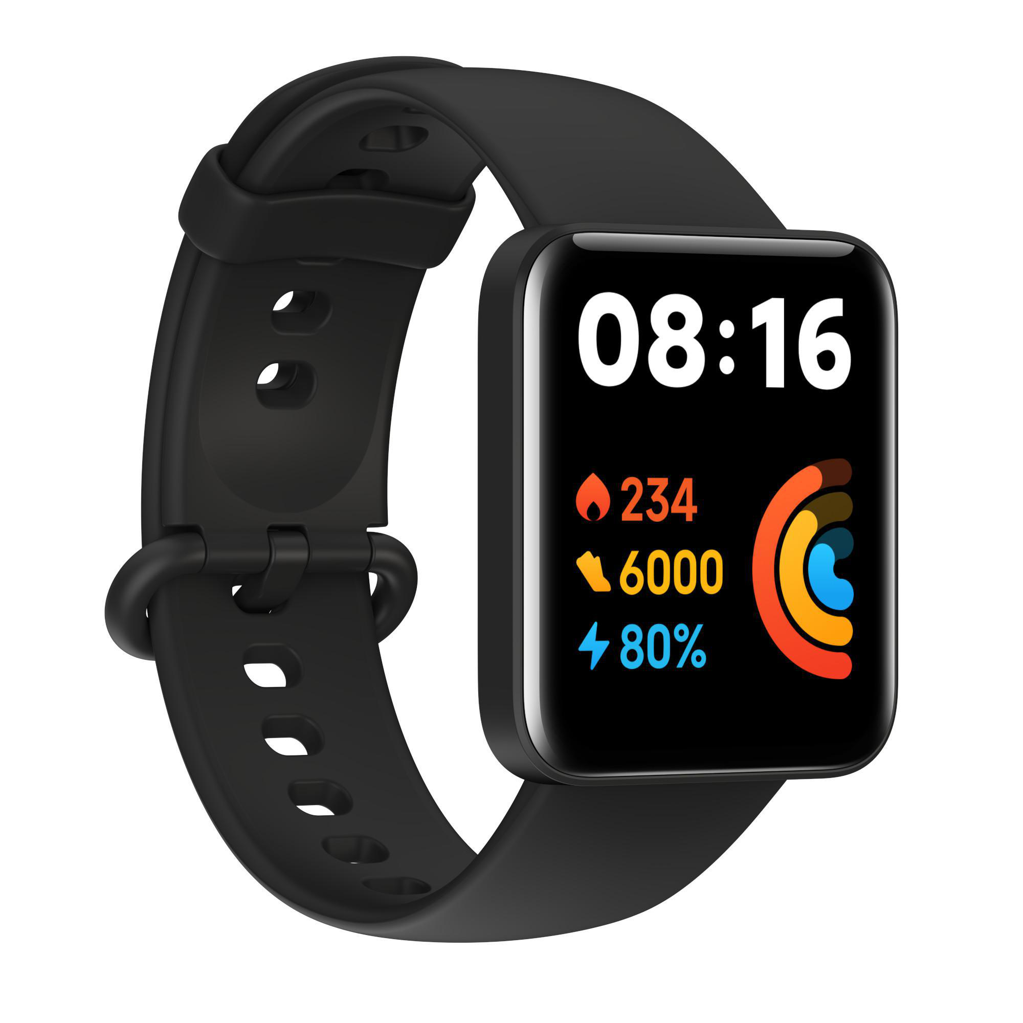 Eine schwarze Smartwatch mit quadratischem Bildschirm, der Statistiken anzeigt. Es hat ein schwarzes Armband und eine runde Form.