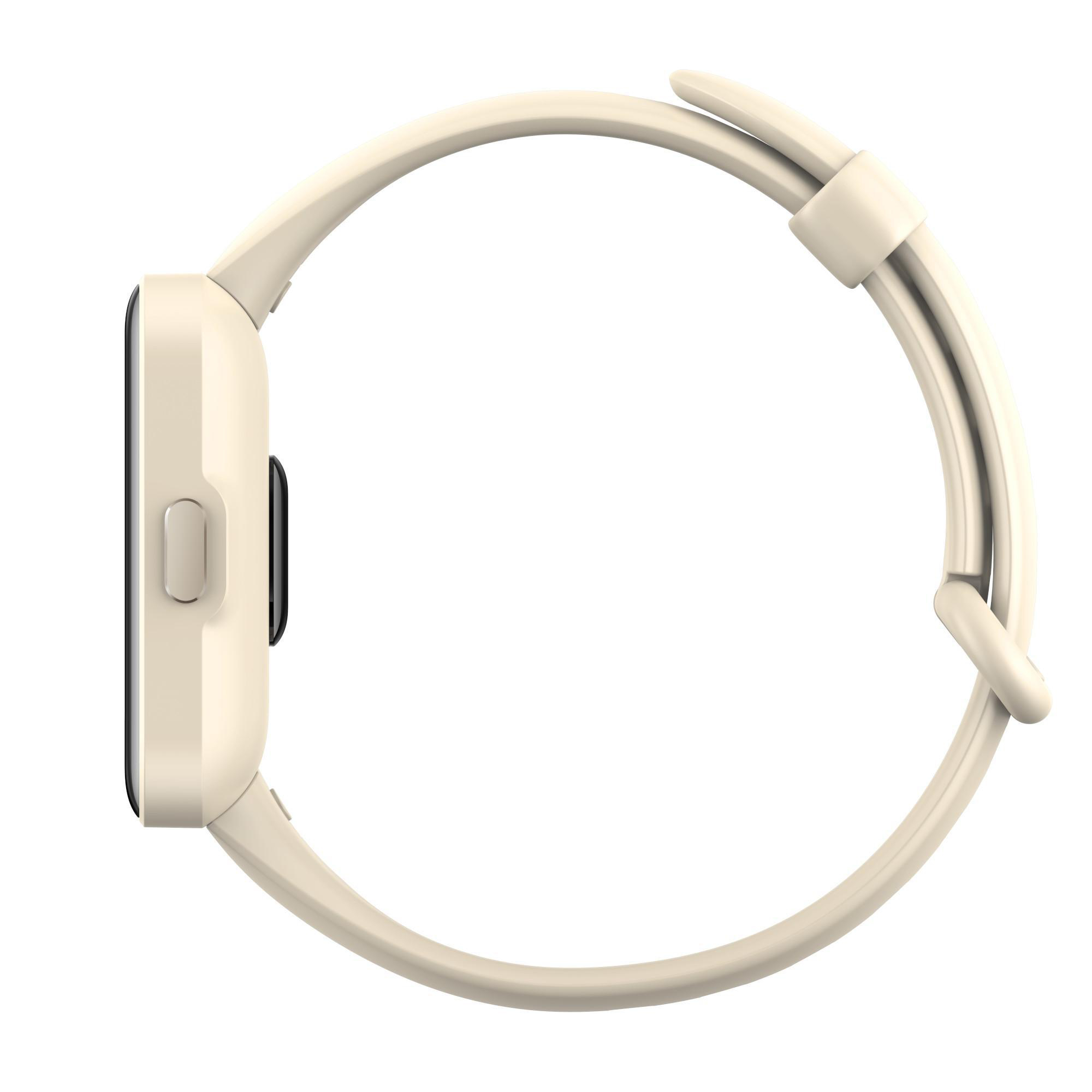 Seitenansicht einer cremefarbenen Smartwatch mit gebogenem Armband und dunklem Bildschirm.