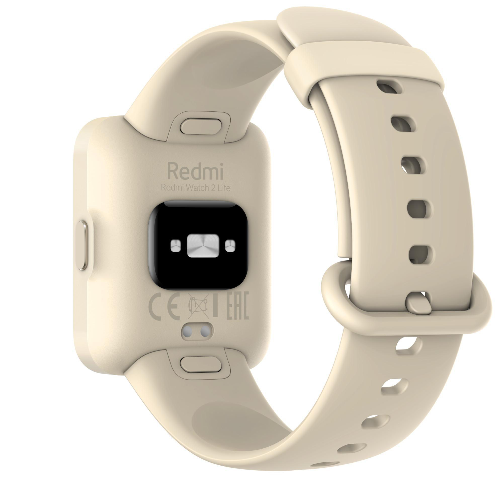 Rückansicht einer cremefarbenen Redmi Watch 2 Lite mit cremefarbenem Armband und schwarzem Sensor.