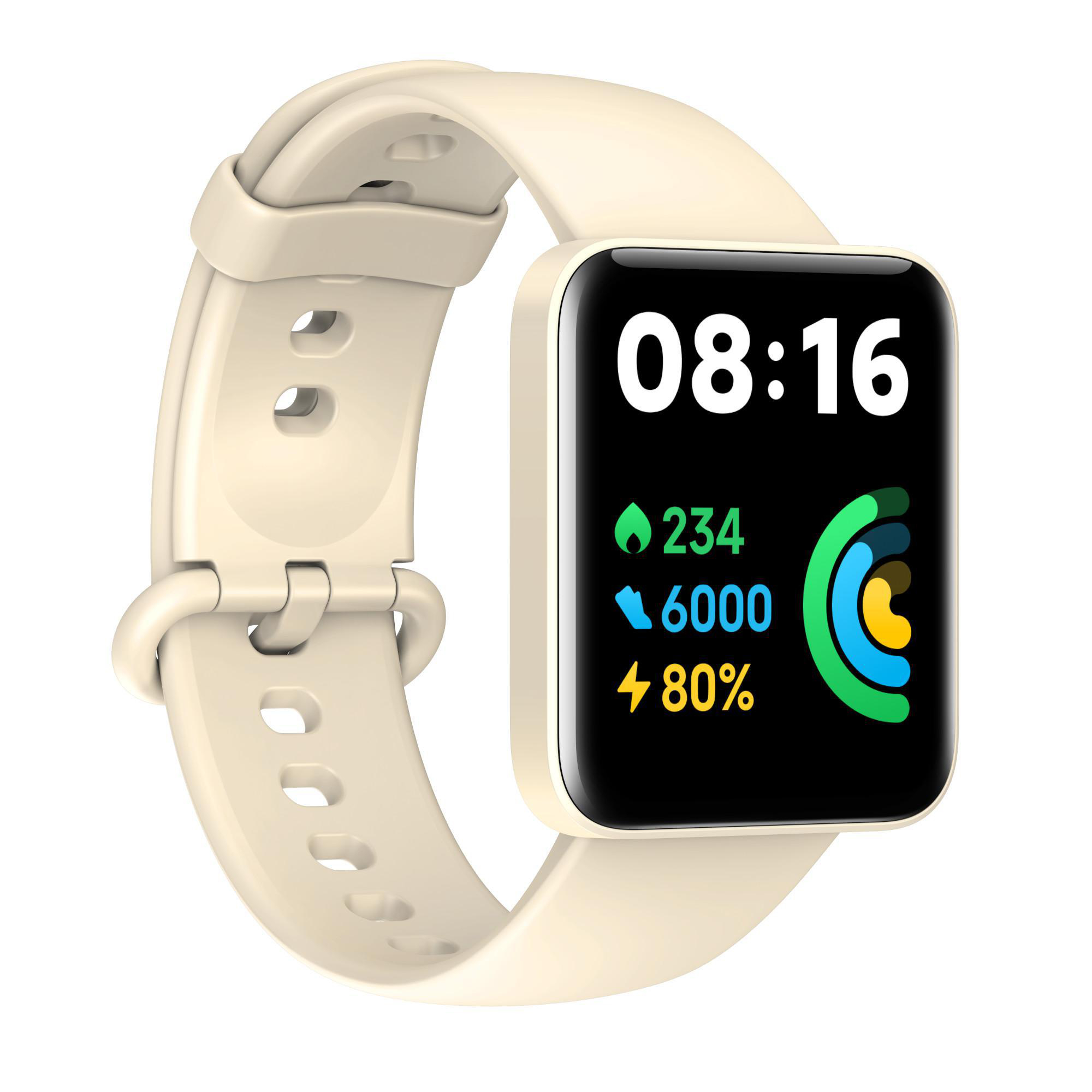 Eine beige Smartwatch mit einem schwarzen rechteckigen Bildschirm, der Zeit, Schritte und Batterieinformationen anzeigt.