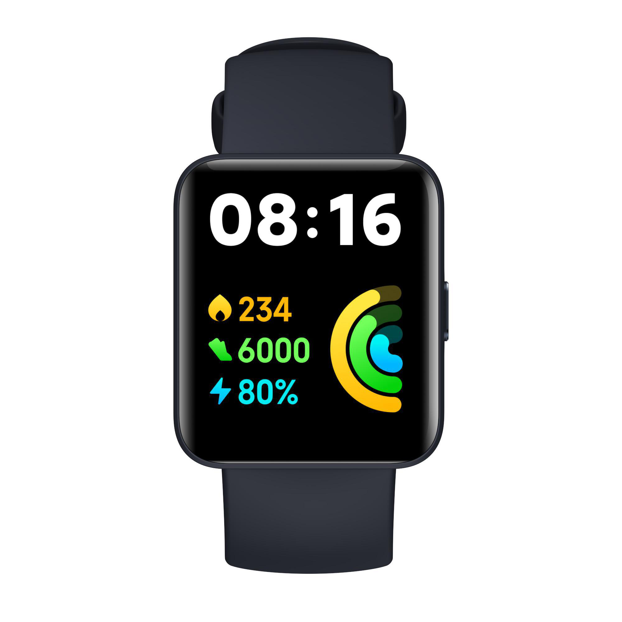 Schwarze Smartwatch mit Bildschirm, der Zeit, Schritte, Herzfrequenz und Akkustand anzeigt.