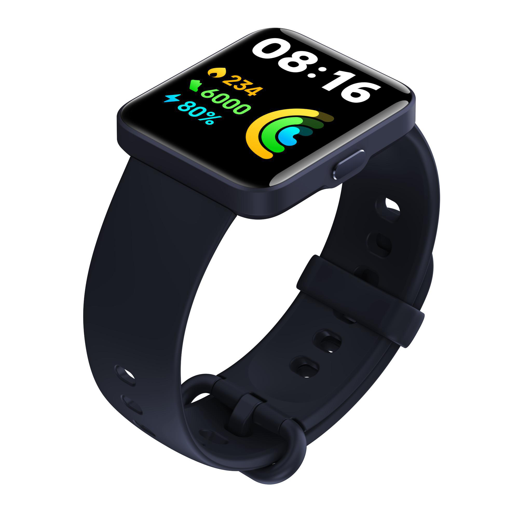 Schwarze Smartwatch mit Bildschirm, der Zeit und Statistiken anzeigt.