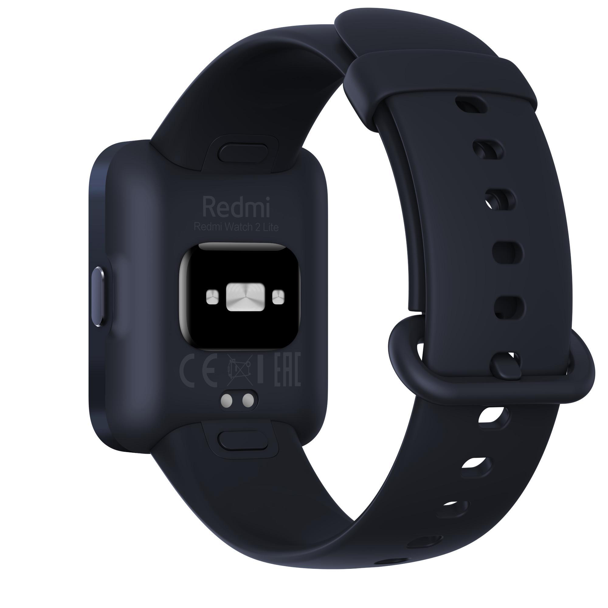 Eine schwarze Smartwatch mit blauem Armband.