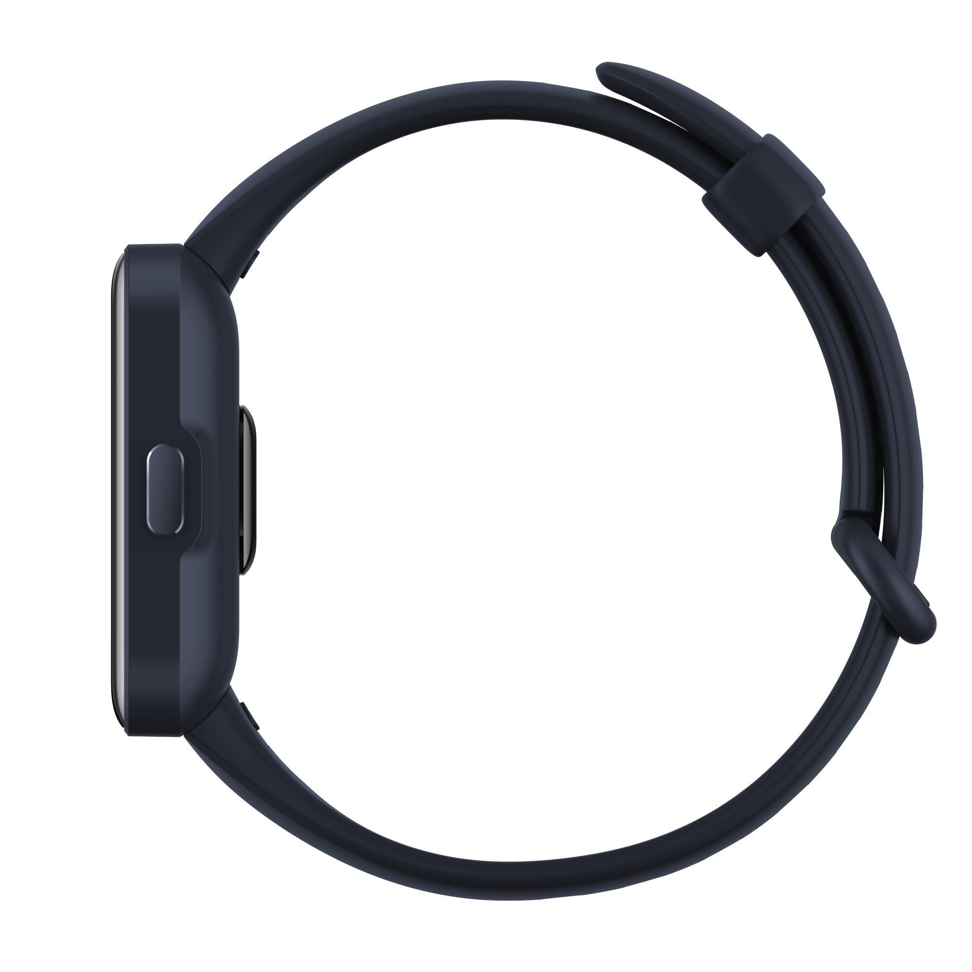 Seitenansicht einer marineblauen Smartwatch mit dunklem Armband und einer Taste an der Seite.
