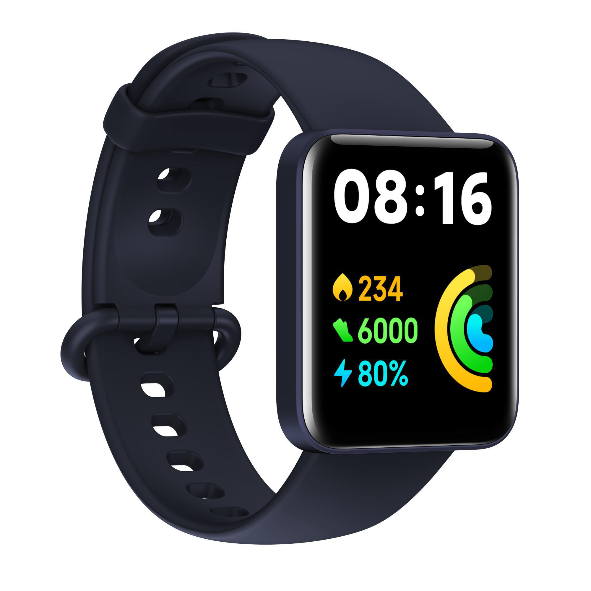 Eine blaue Smartwatch mit schwarzem Armband, die Zeit, Aktivität und Akkustand anzeigt.