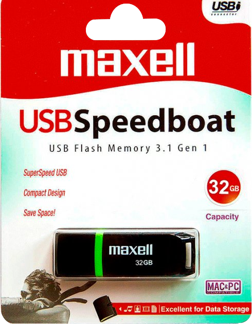 USB flash meghajtó csomagban, Maxell márkával és tárolókapacitással.