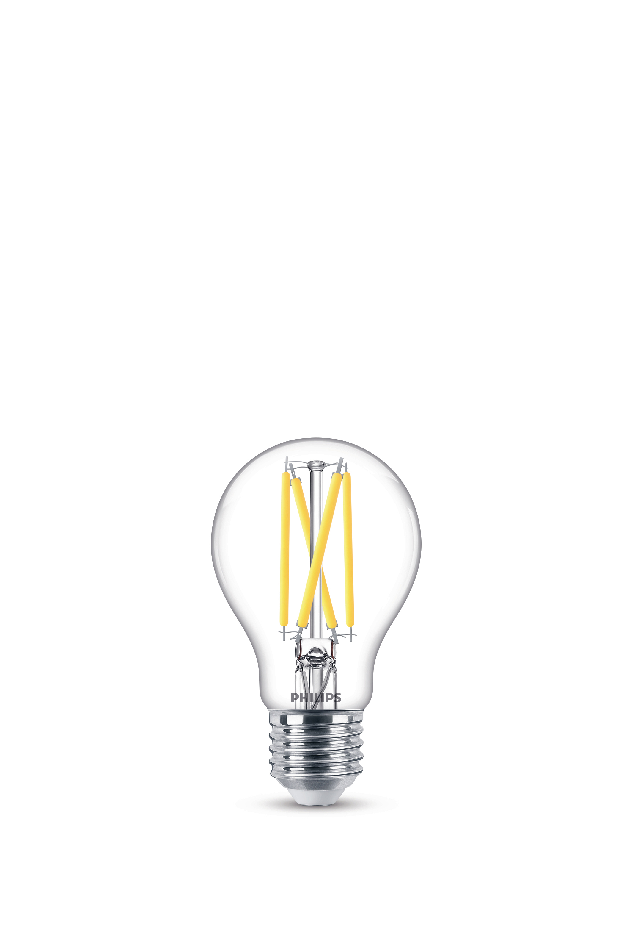 Durchsichtige Glühbirne mit gelben Filamenten und einem silbernen Sockel. Die Marke 'PHILIPS' ist sichtbar.