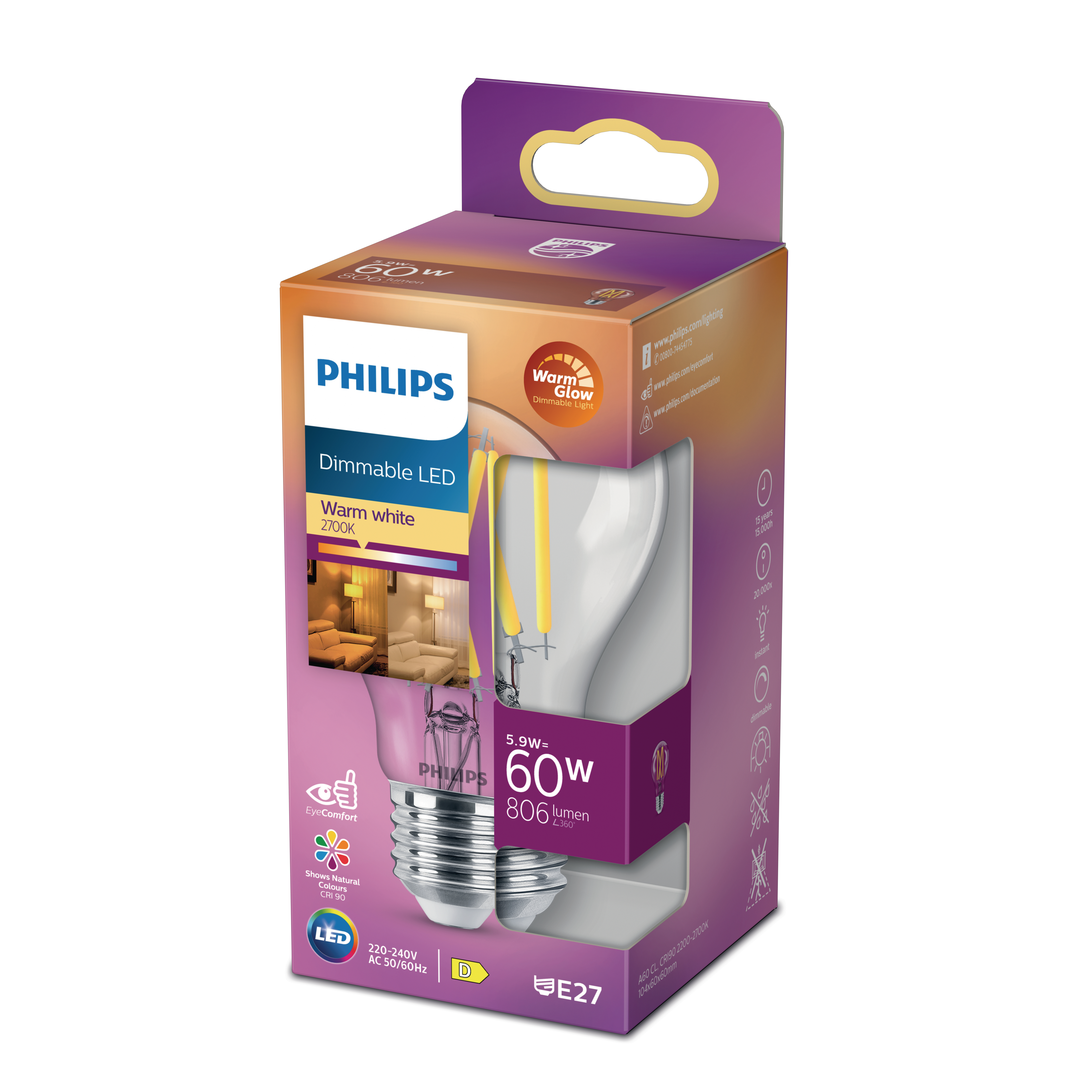 Eine Philips LED-Glühbirnenbox mit sichtbarer Glühbirne auf weißer Oberfläche.