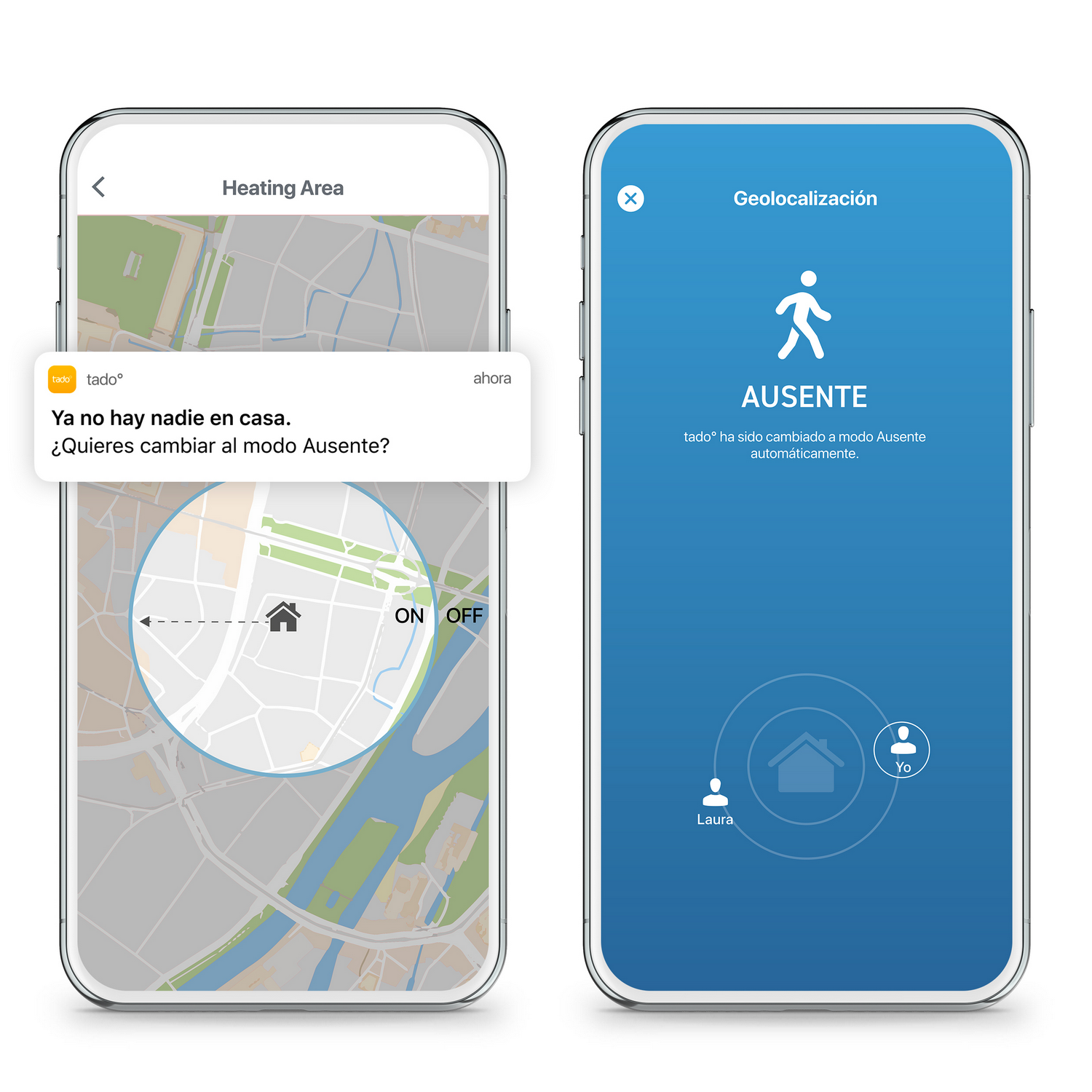 Dos capturas de pantalla de smartphone. Una muestra un mapa con 'ON' seleccionado. La otra muestra el modo 'AUSENTE'.