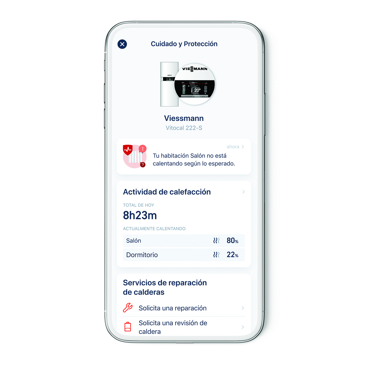 Smartphone mostrando una app de control de calefacción. Muestra temperaturas y horarios.