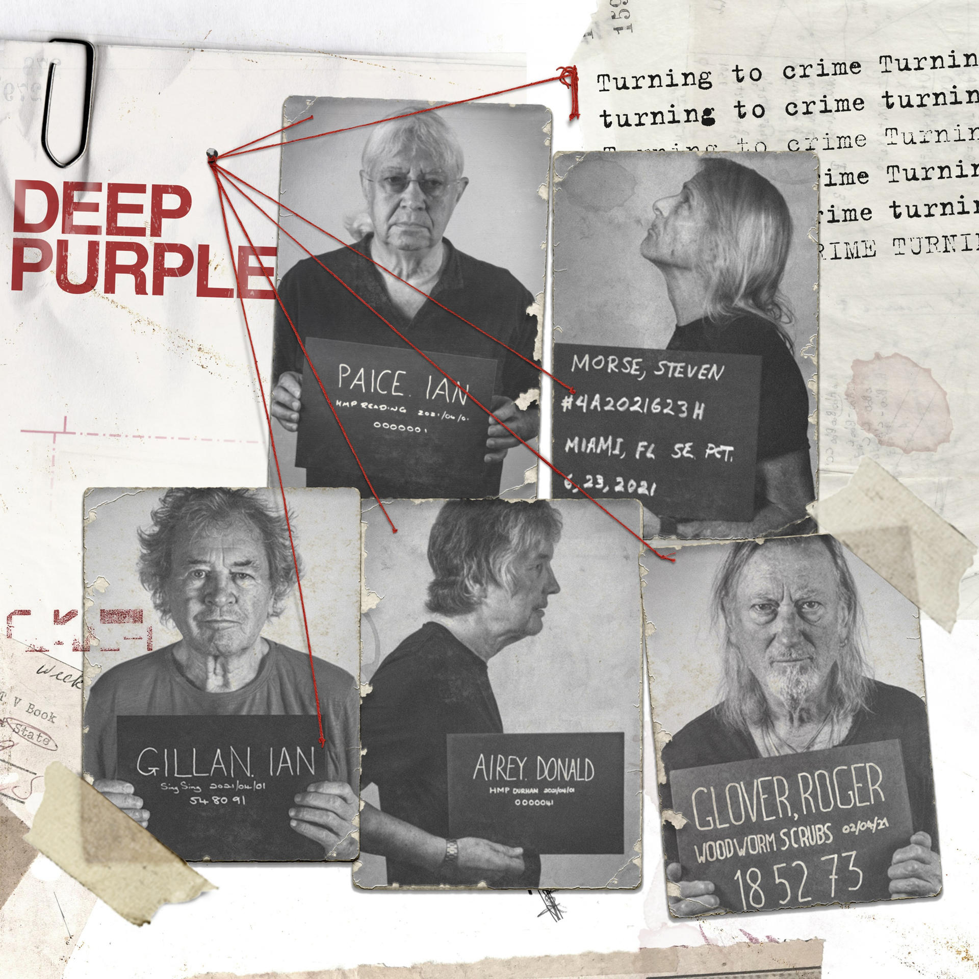 Pochette d'album Deep Purple avec photos d'identité des membres du groupe. Texte : 'DEEP PURPLE'.