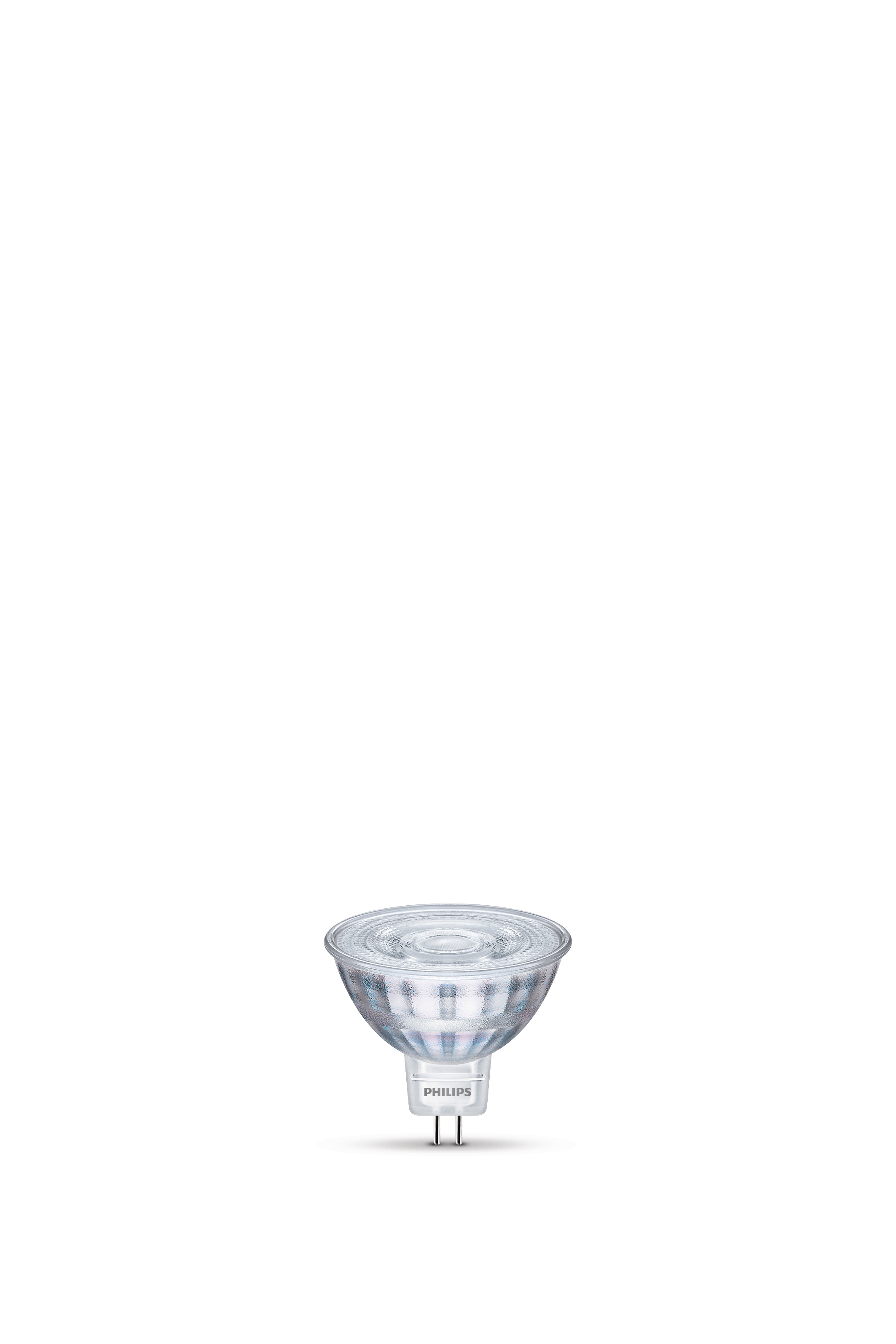 Eine klare Philips LED-Glühbirne mit einer runden, geriffelten Linse und zwei Metallstiften.