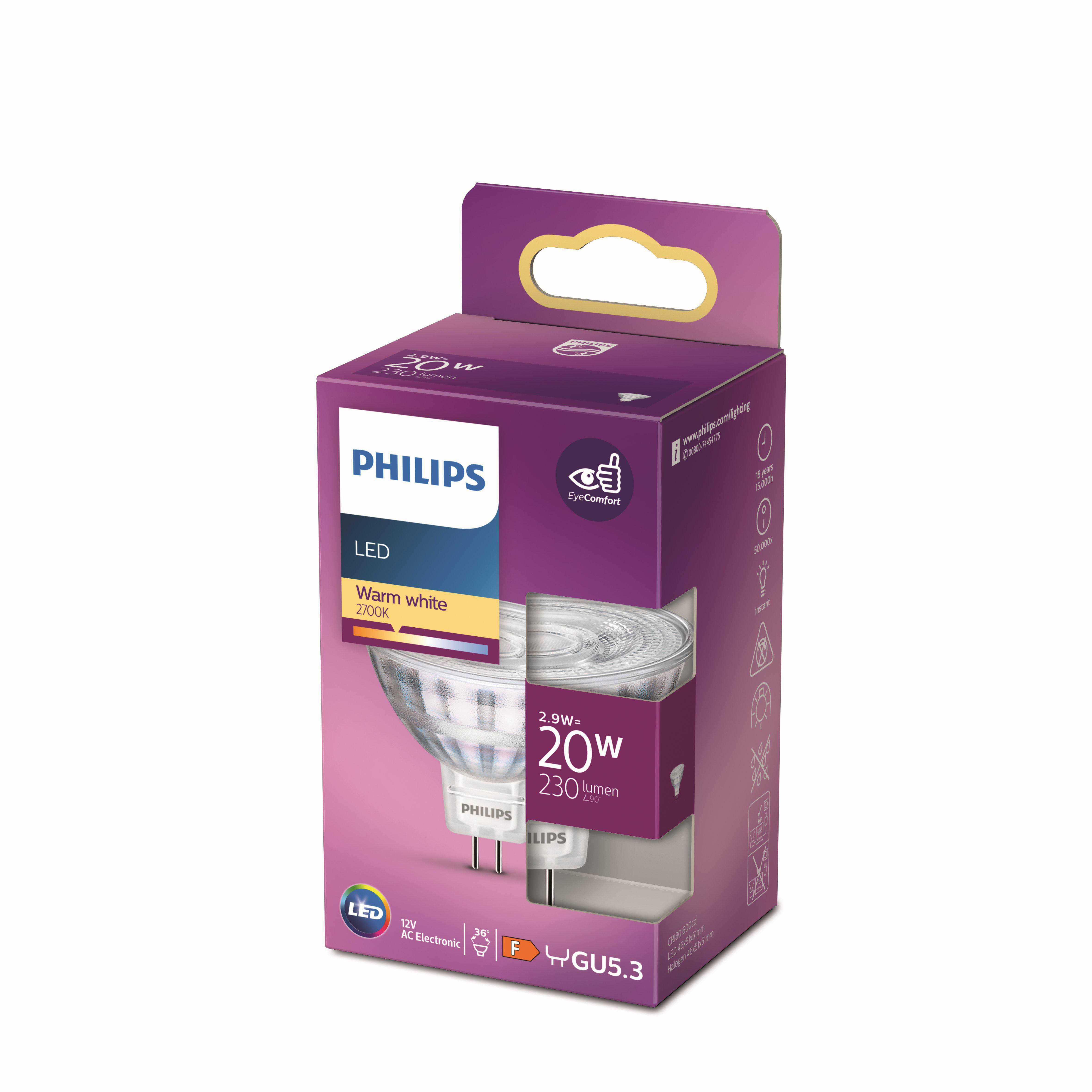 Philips LED-Glühbirne in einer Box. Merkmale warmweißes Licht, 20W und GU5.3.
