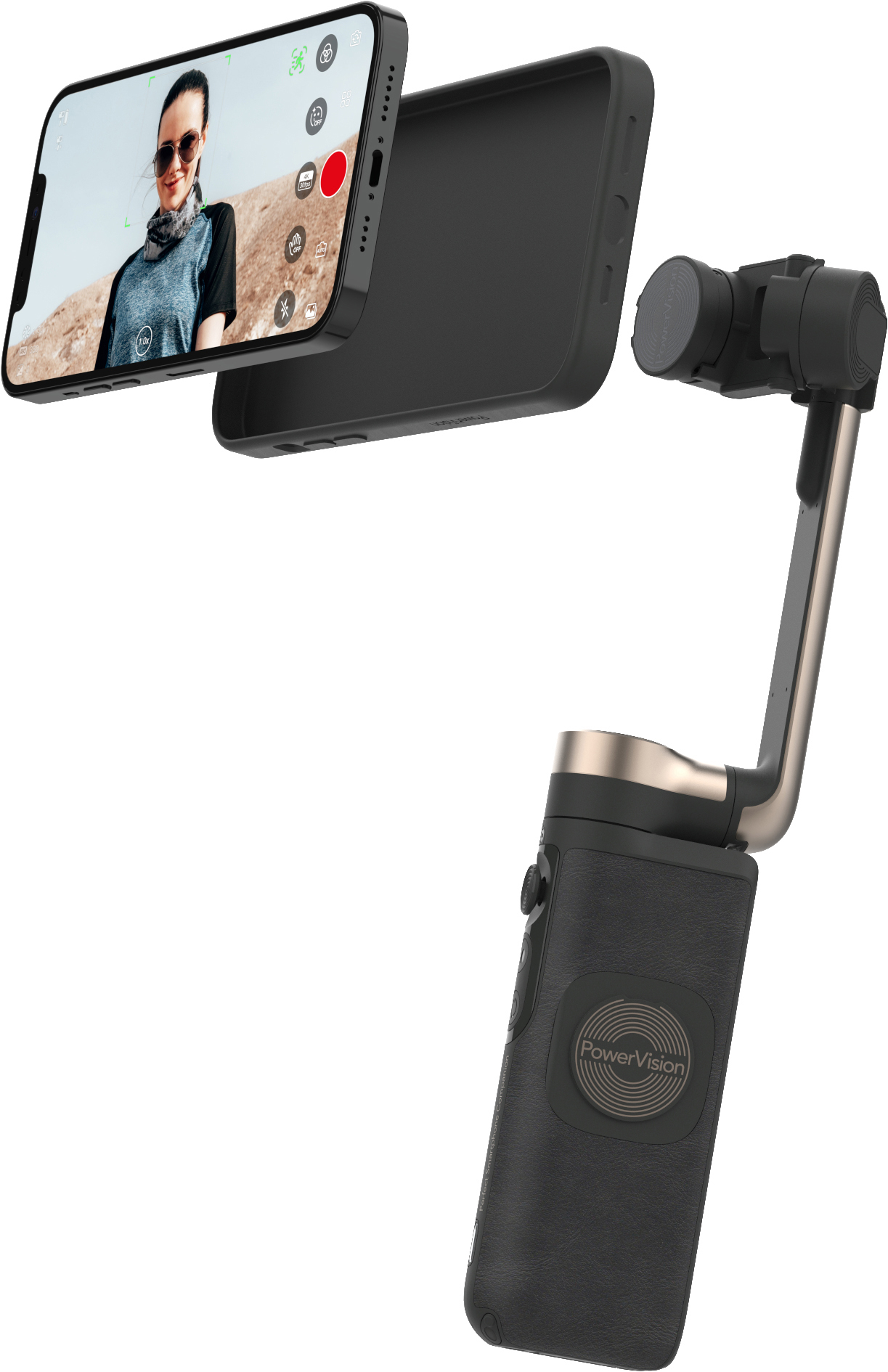 Smartphone mit Hülle über Gimbal. Das Bild einer Frau ist auf dem Bildschirm. Heller Hintergrund.