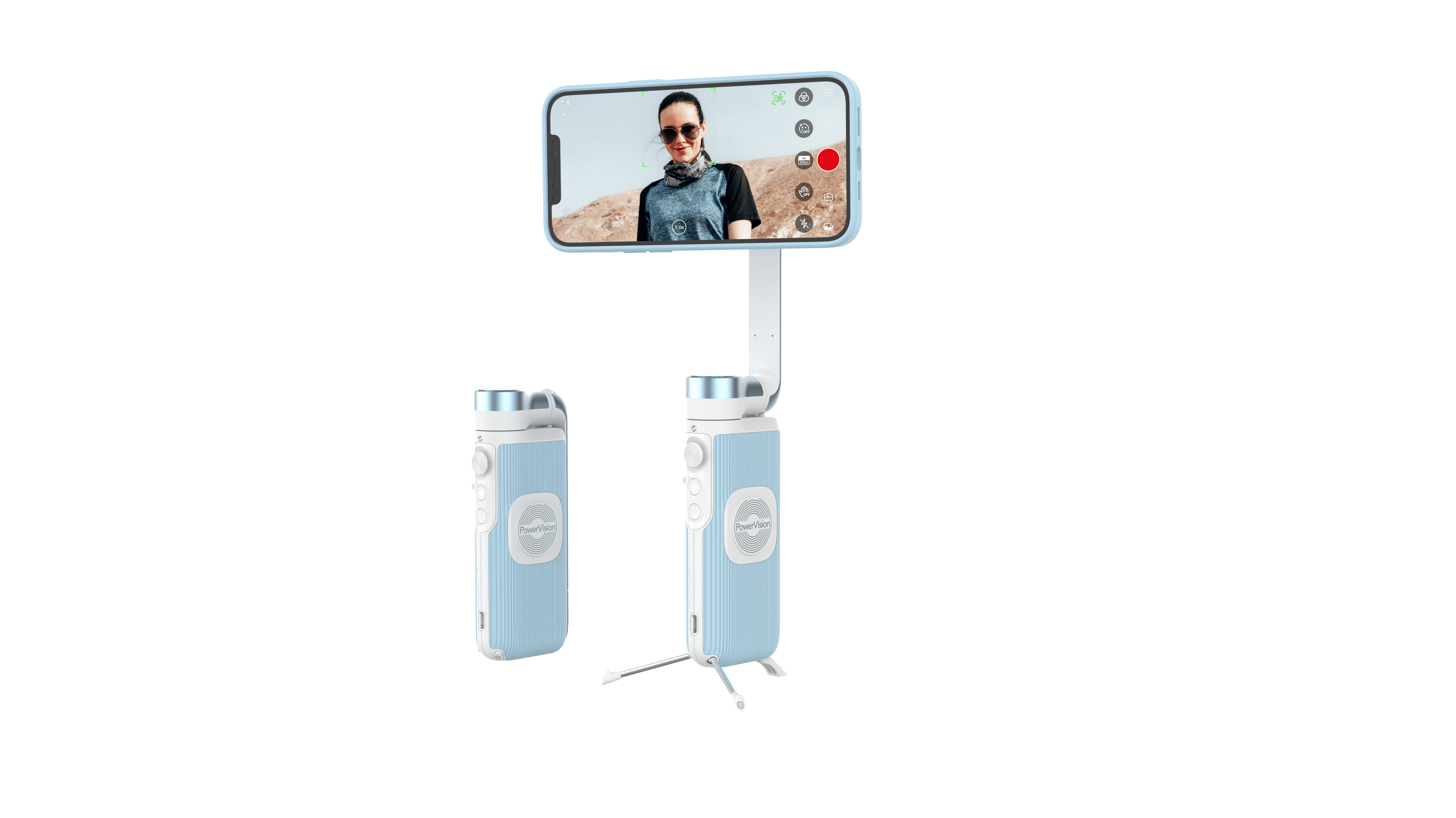 Mobiltelefon mit Selfie-Modus auf einem Gimbal-Stabilisator. Zwei weiße Stabilisatoren sind sichtbar.