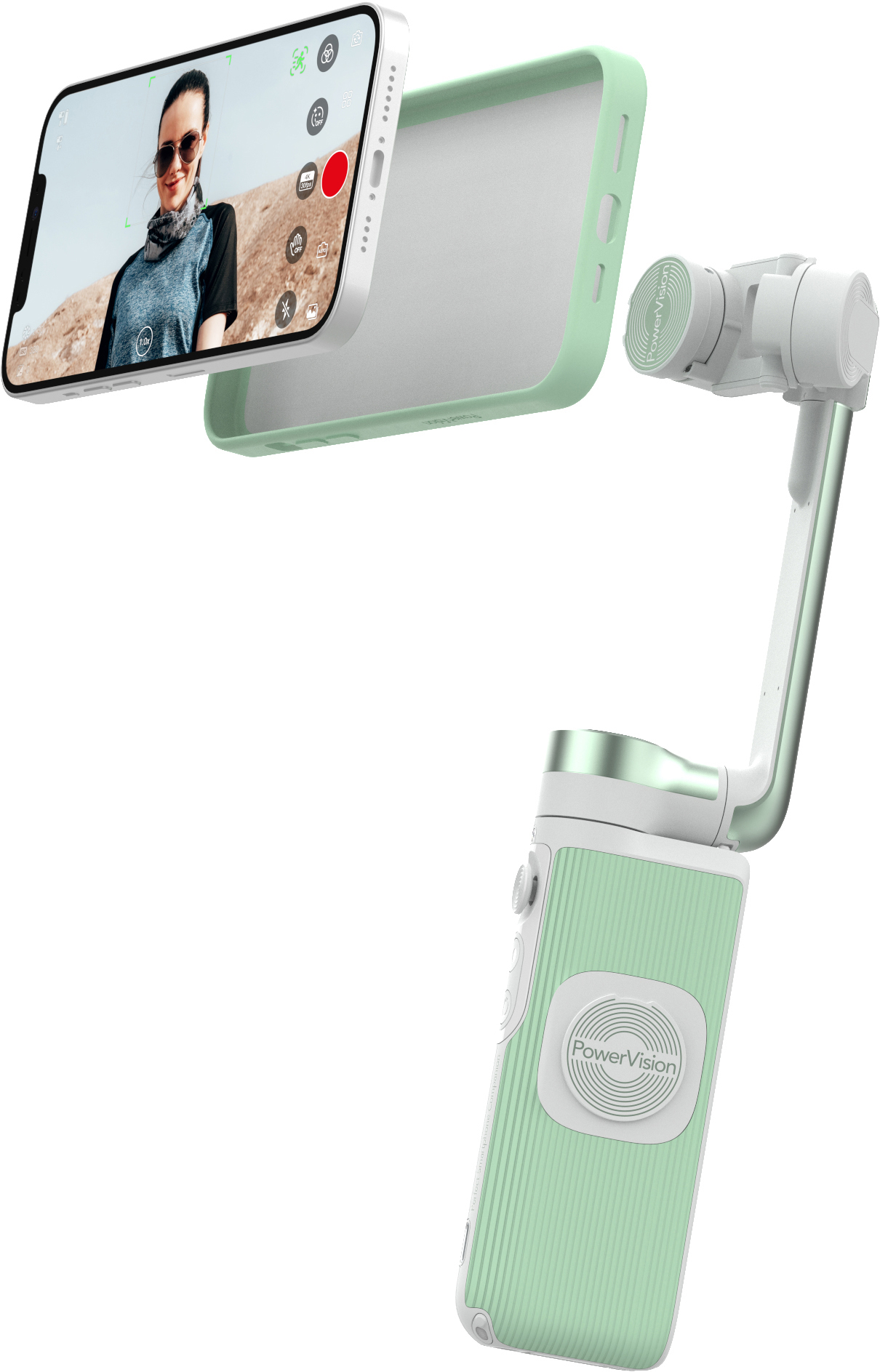 Eine mintgrüne Handyhülle und ein Handy sind getrennt. Rechts befindet sich ein Handkamera-Stabilisator.