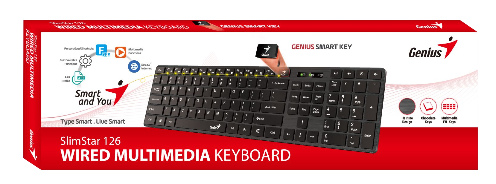 Genius SlimStar 126 billentyűzet doboz, piros háttér, fekete billentyűzet.