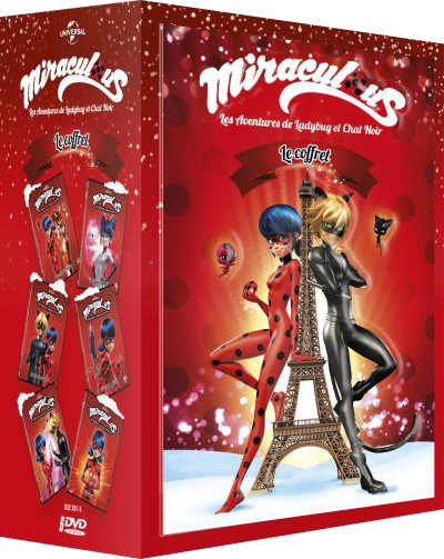 Miraculous boxset: Ladybug en Chat Noir bij Eiffeltoren op rode achtergrond.