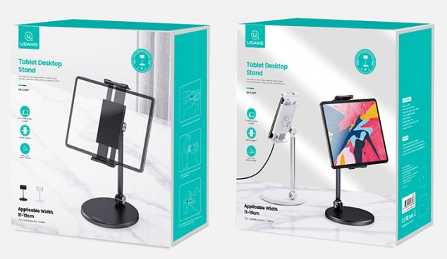 Két doboz tabletállvány. Az állványok fekete és ezüst színűek, tableteket tartanak.