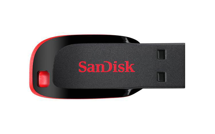 Ein schwarzer und roter USB-Stick mit 'SanDisk' in roten Buchstaben. Das Gerät ist auf weißem Hintergrund.