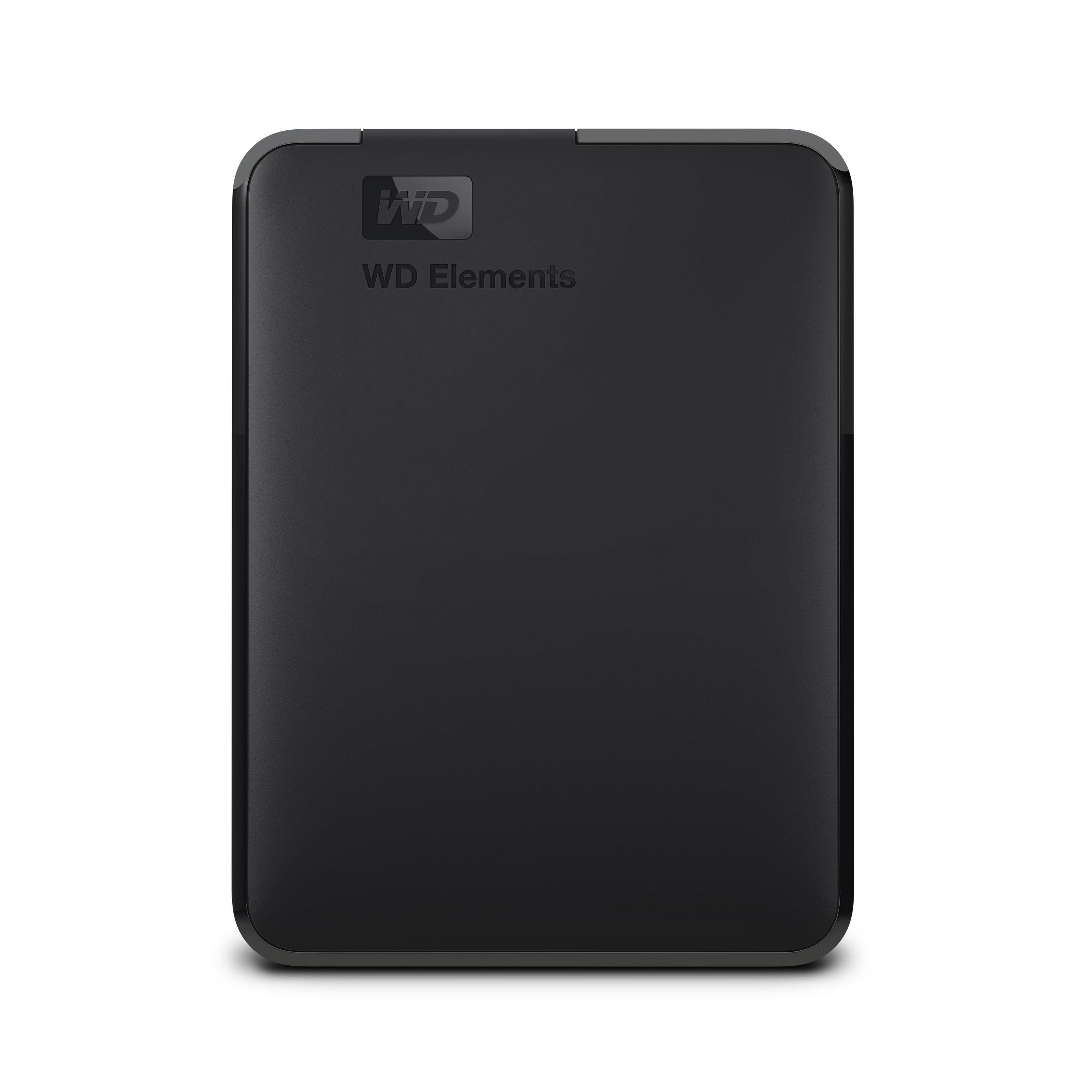 Eine schwarze WD Elements externe Festplatte auf einer weißen Oberfläche mit sichtbarem WD Elements Logo.