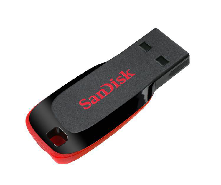 Schwarzer und roter USB-Stick mit SanDisk-Logo.