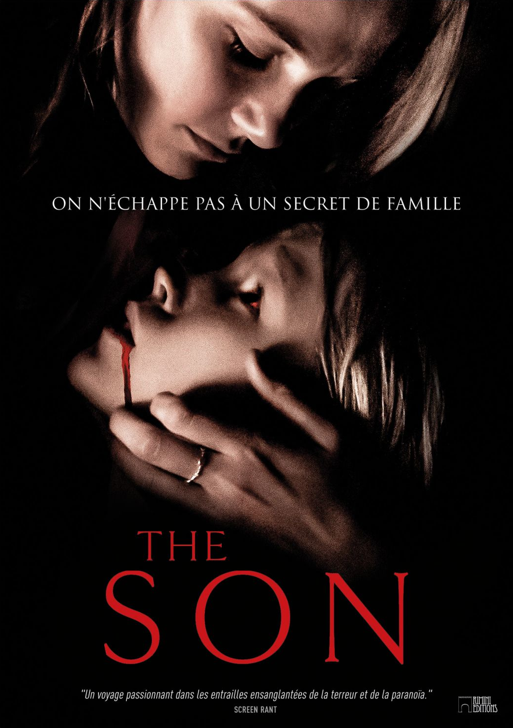 Filmposter voor "The Son". Een vrouw bijt in de nek van een ander. Rode titel op zwarte achtergrond.