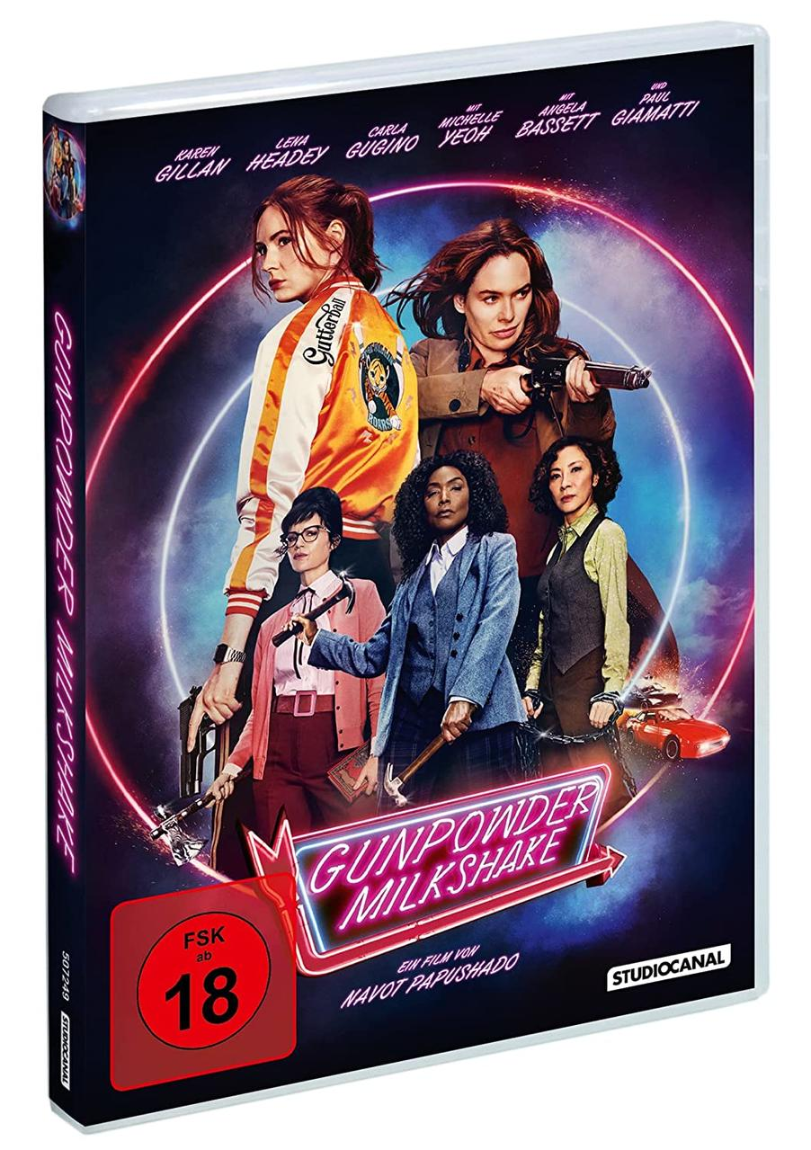 DVD-Cover von 'Gunpowder Milkshake'. Zeigt mehrere Frauen mit Waffen und Neonhintergrund.