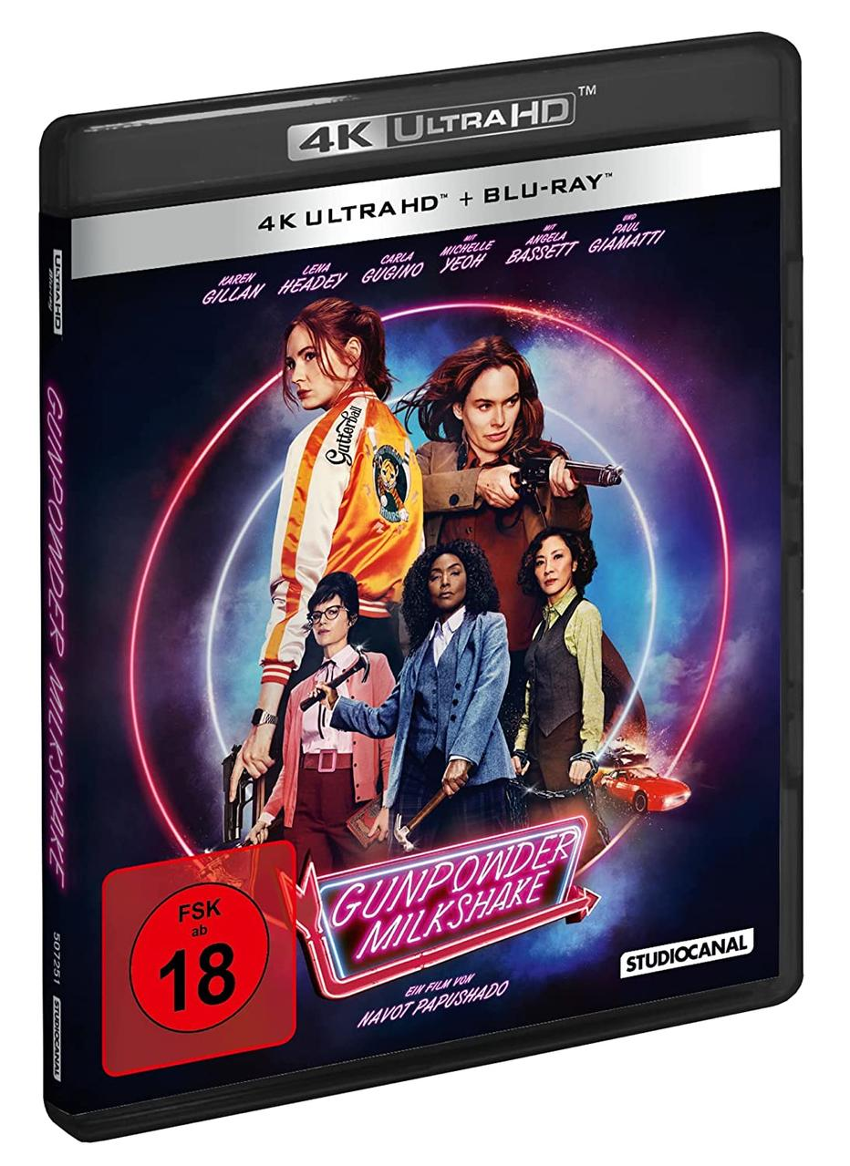 Filmcover mit 5 Frauen, die Waffen halten. Der Titel lautet „Gunpowder Milkshake“.
