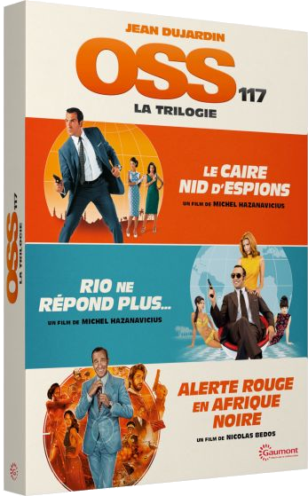 Coffret trilogie OSS 117 avec Jean Dujardin en couverture. Trois scènes en orange, bleu et rouge.