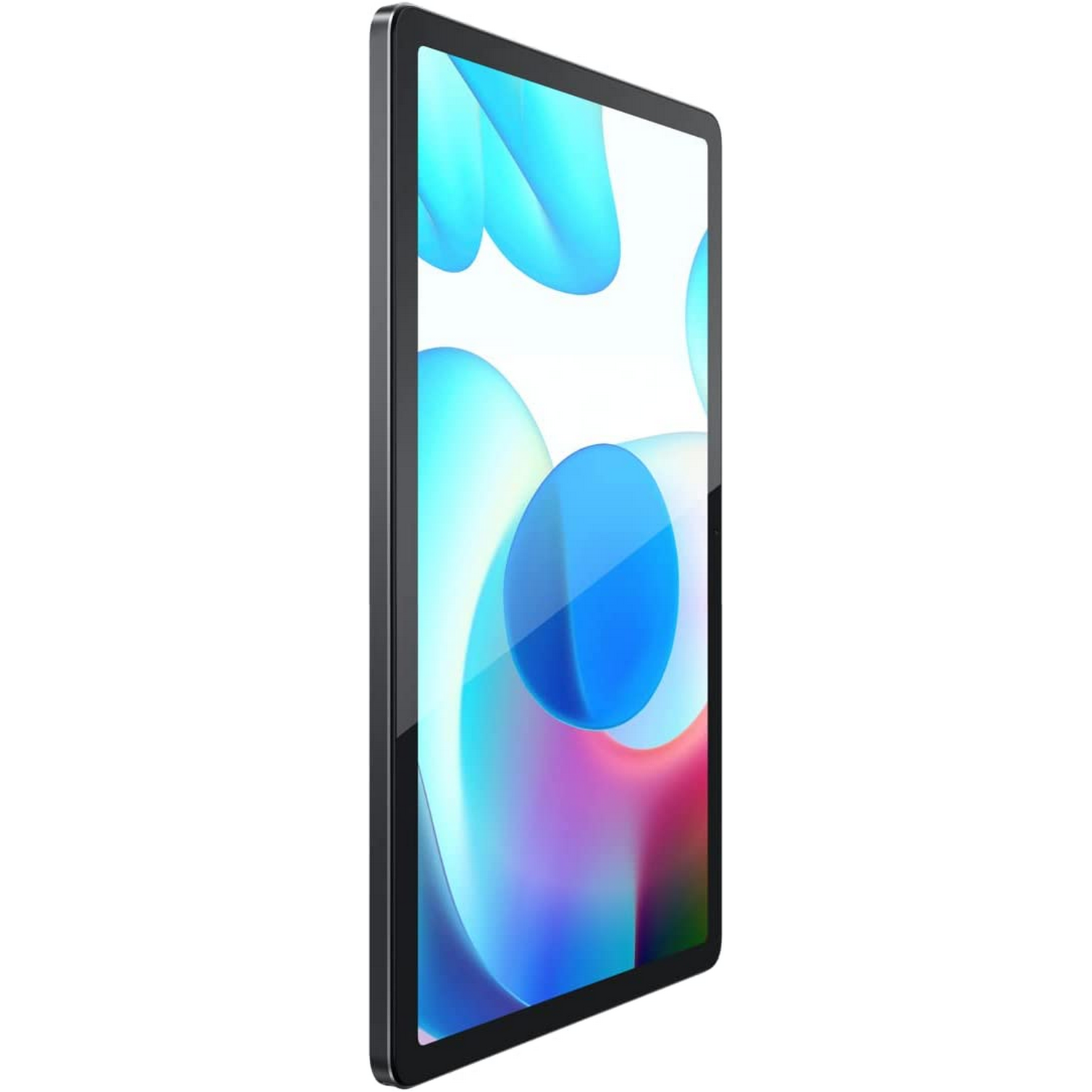 Una tableta con marco negro y pantalla con formas abstractas azules y blancas.