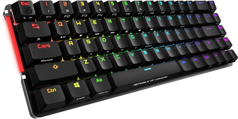 Fekete gamer billentyűzet színesen világító gombokkal és a Republic of Gamers logóval.