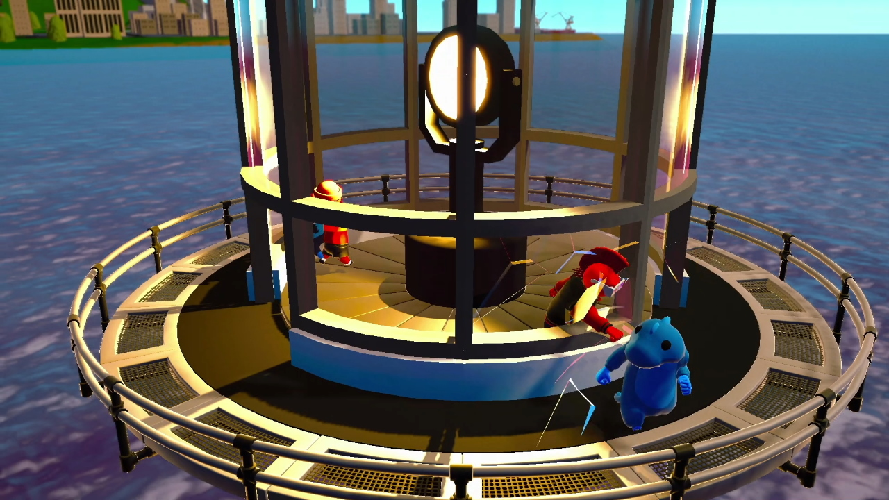 Una scena animata in 3D di tre personaggi dei cartoni animati in una torre sull'acqua.