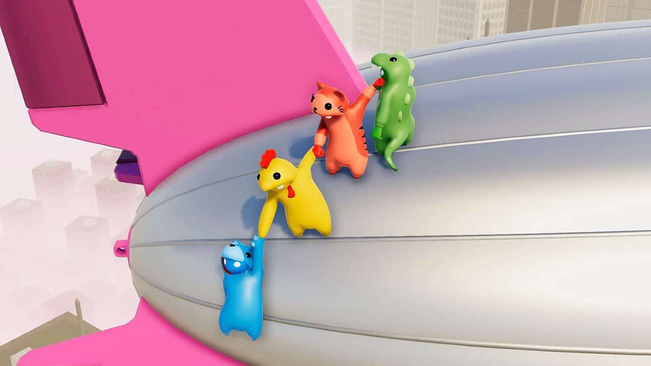 Quattro personaggi dei cartoni animati su un dirigibile rosa: un ippopotamo blu, un pollo giallo, una tigre arancione e un dinosauro verde.