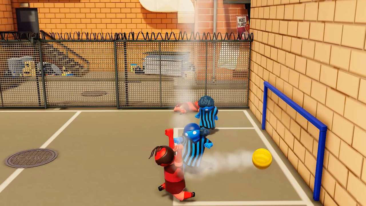 Gioco di calcio dei cartoni animati con giocatori. Un giocatore calcia la palla verso la porta.